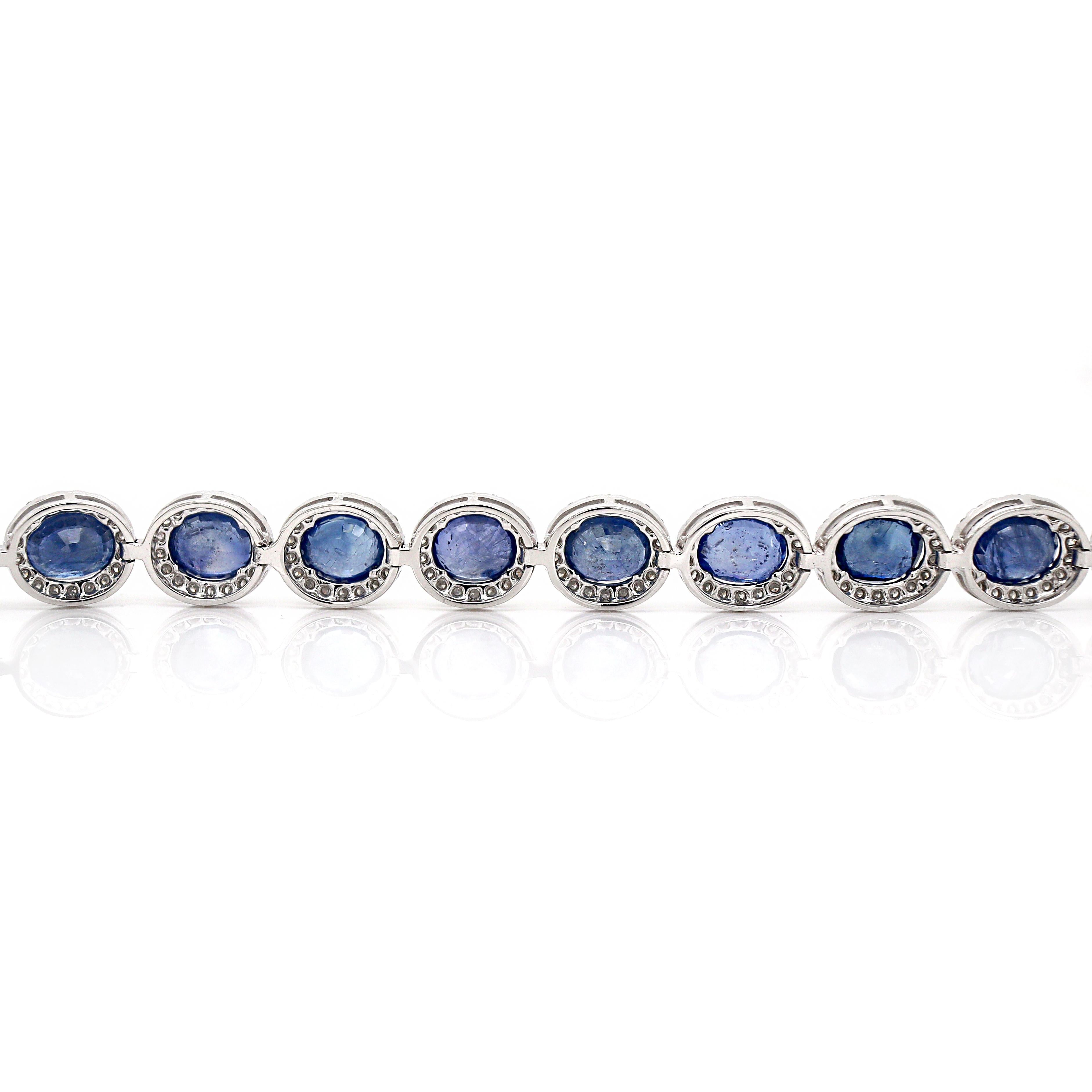 Pulsera de zafiro de Ceilán y diamantes en oro blanco de 14 qt Corte oval en venta
