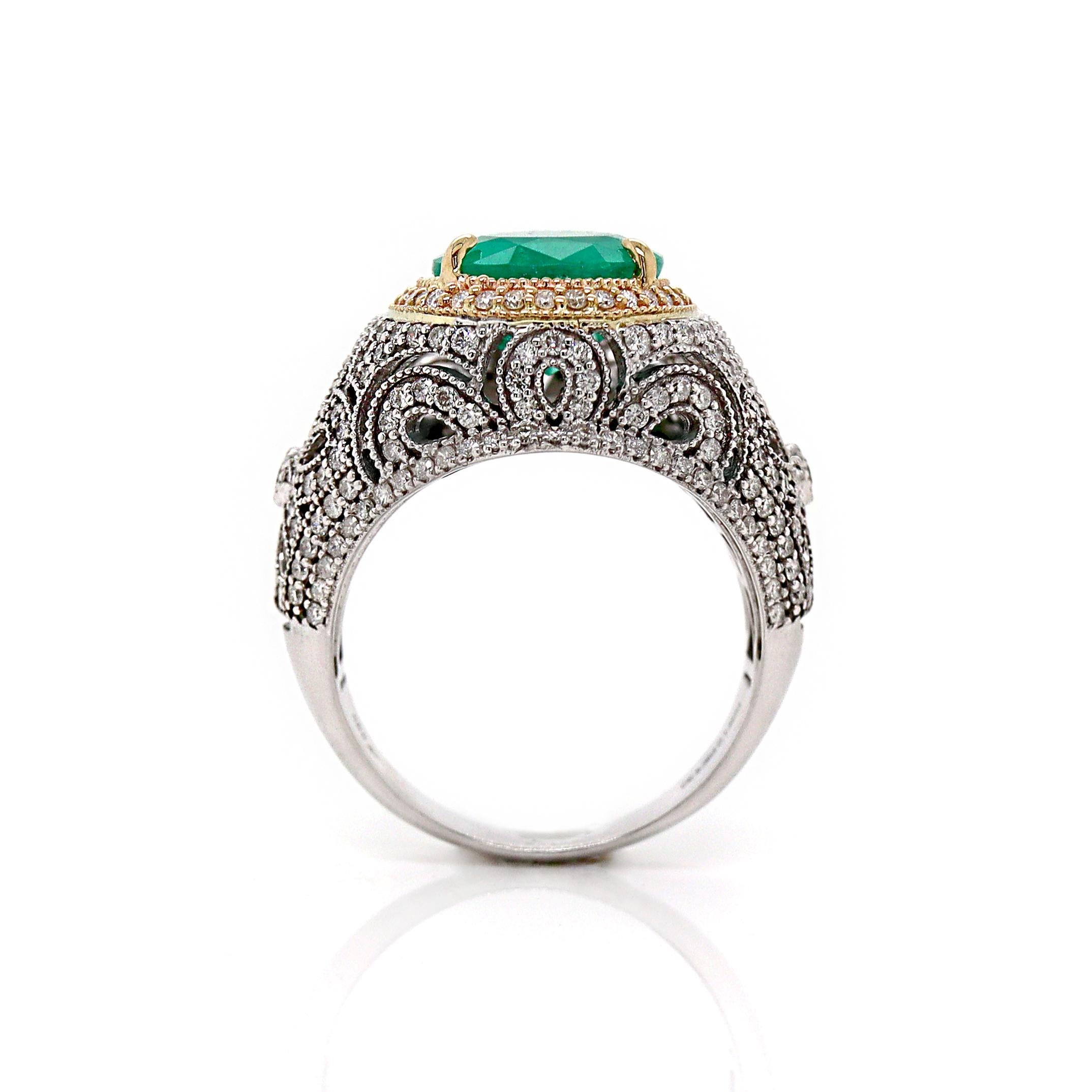 14CT White Gold Colombian Emerald And Diamond Cocktail Ring In New Condition For Sale In Sydney, NSW