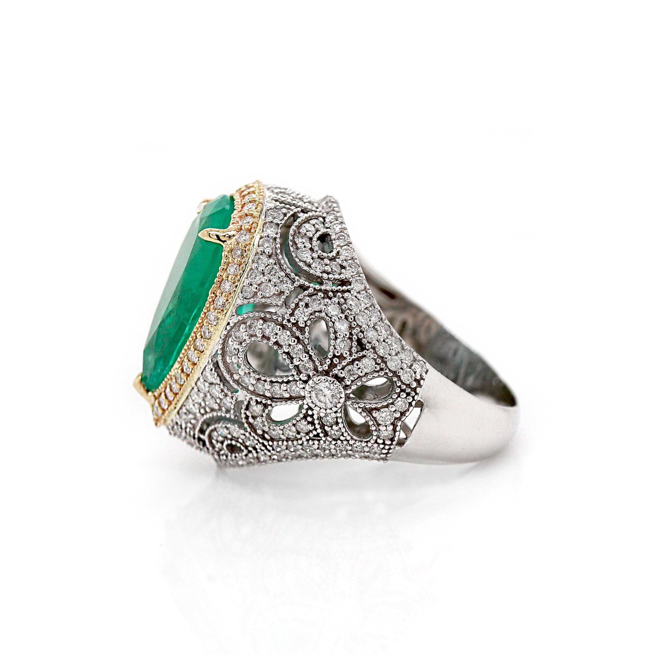 Women's or Men's 14CT White Gold Colombian Emerald And Diamond Cocktail Ring For Sale