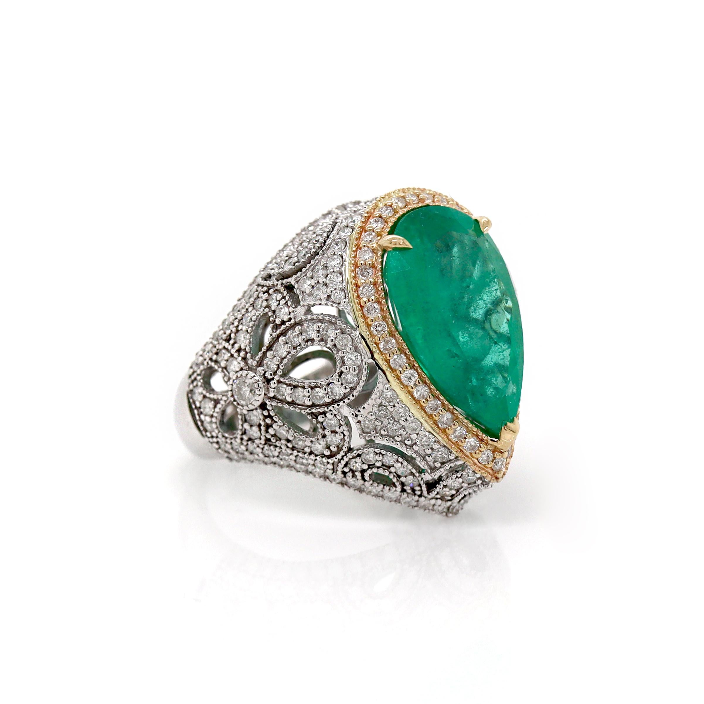 14CT White Gold Colombian Emerald And Diamond Cocktail Ring For Sale 1
