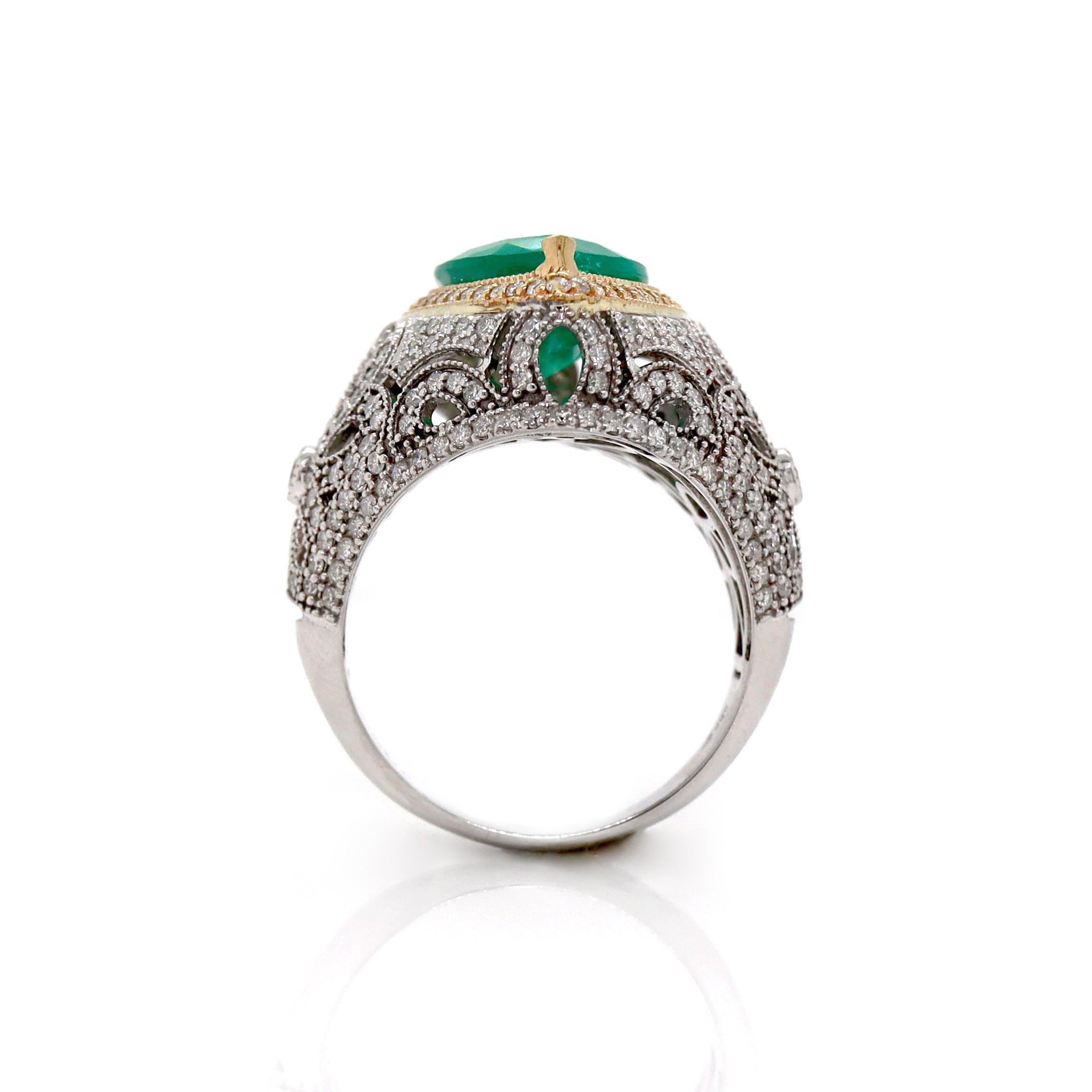 14CT White Gold Colombian Emerald And Diamond Cocktail Ring For Sale 2