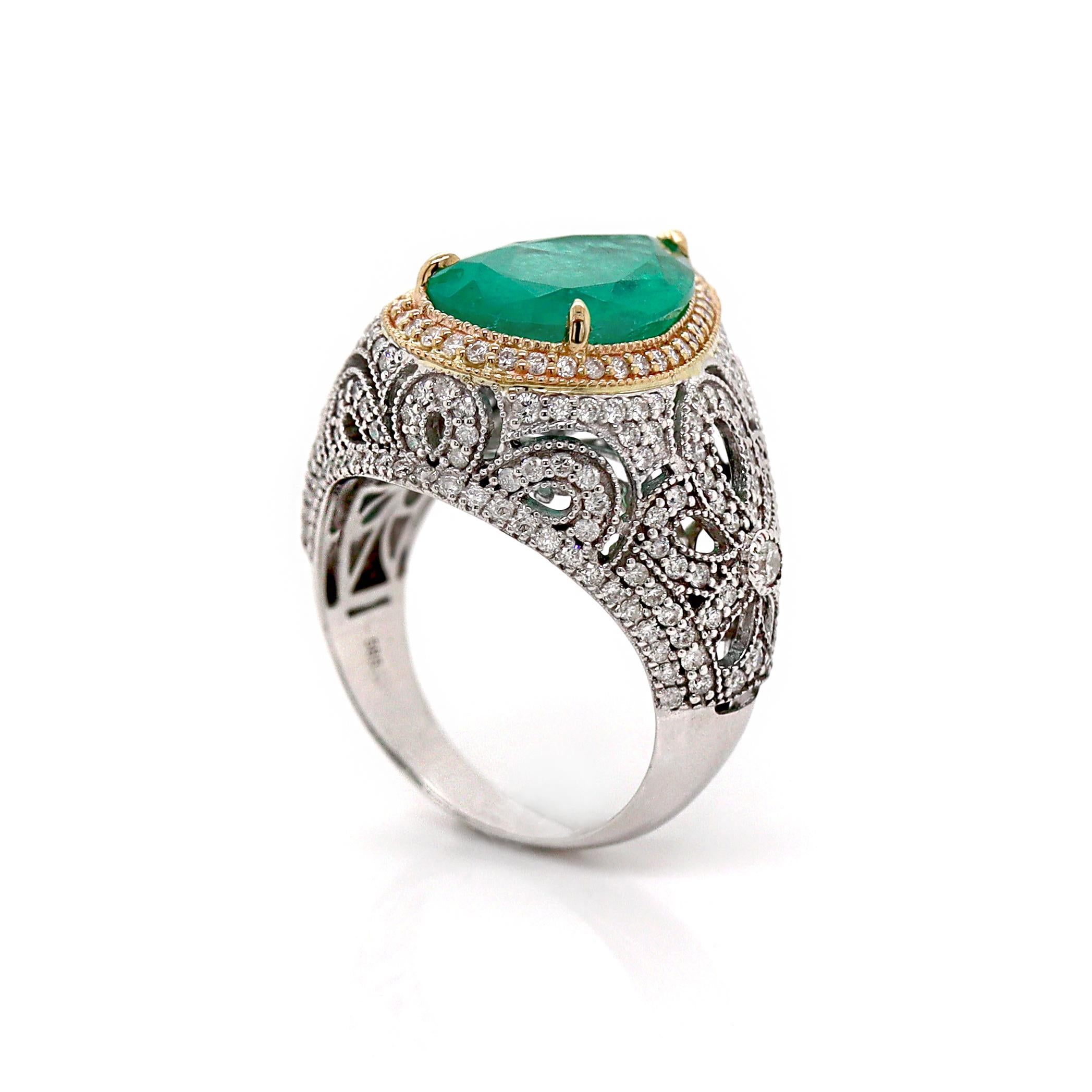 14CT White Gold Colombian Emerald And Diamond Cocktail Ring For Sale 3