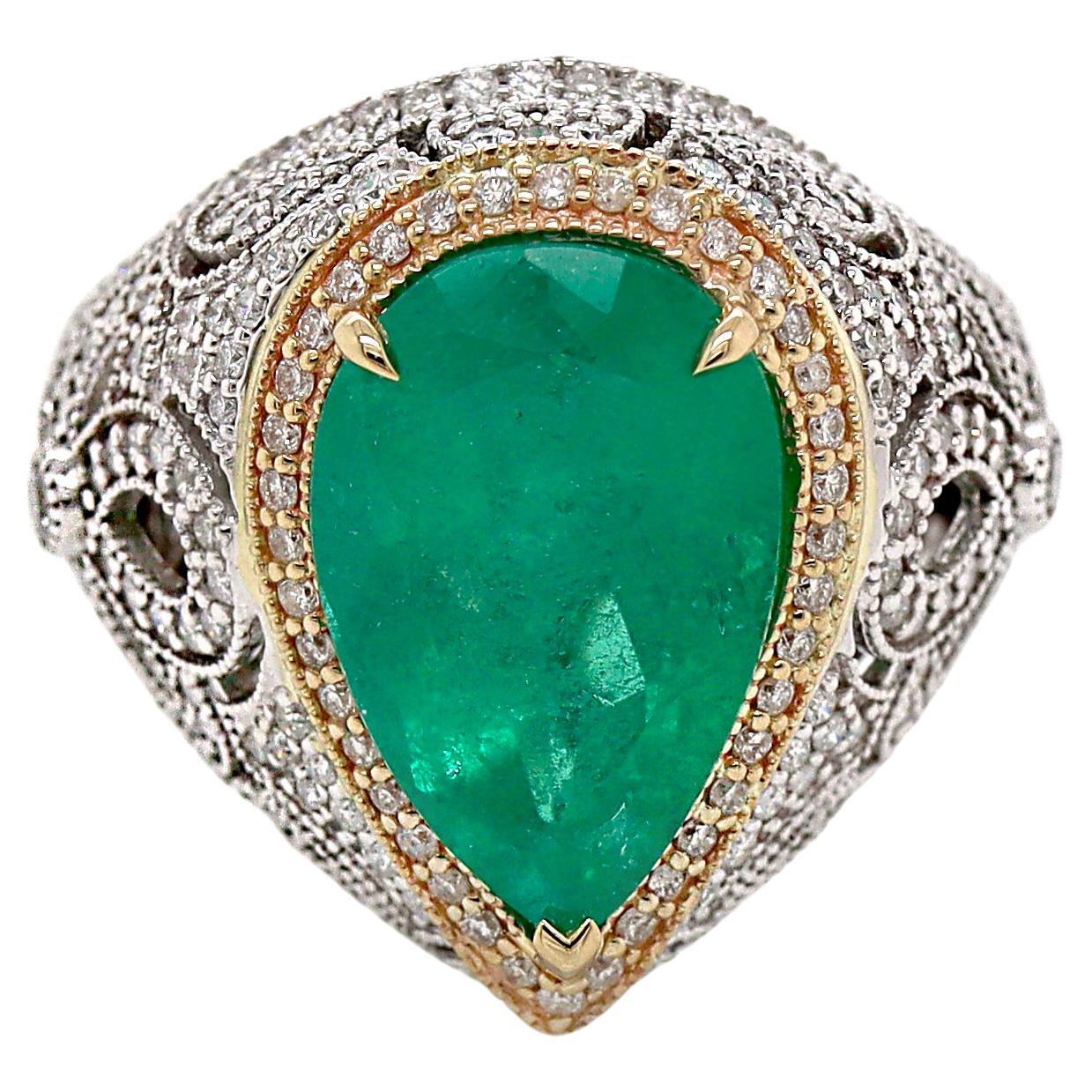 14CT White Gold Colombian Emerald And Diamond Cocktail Ring