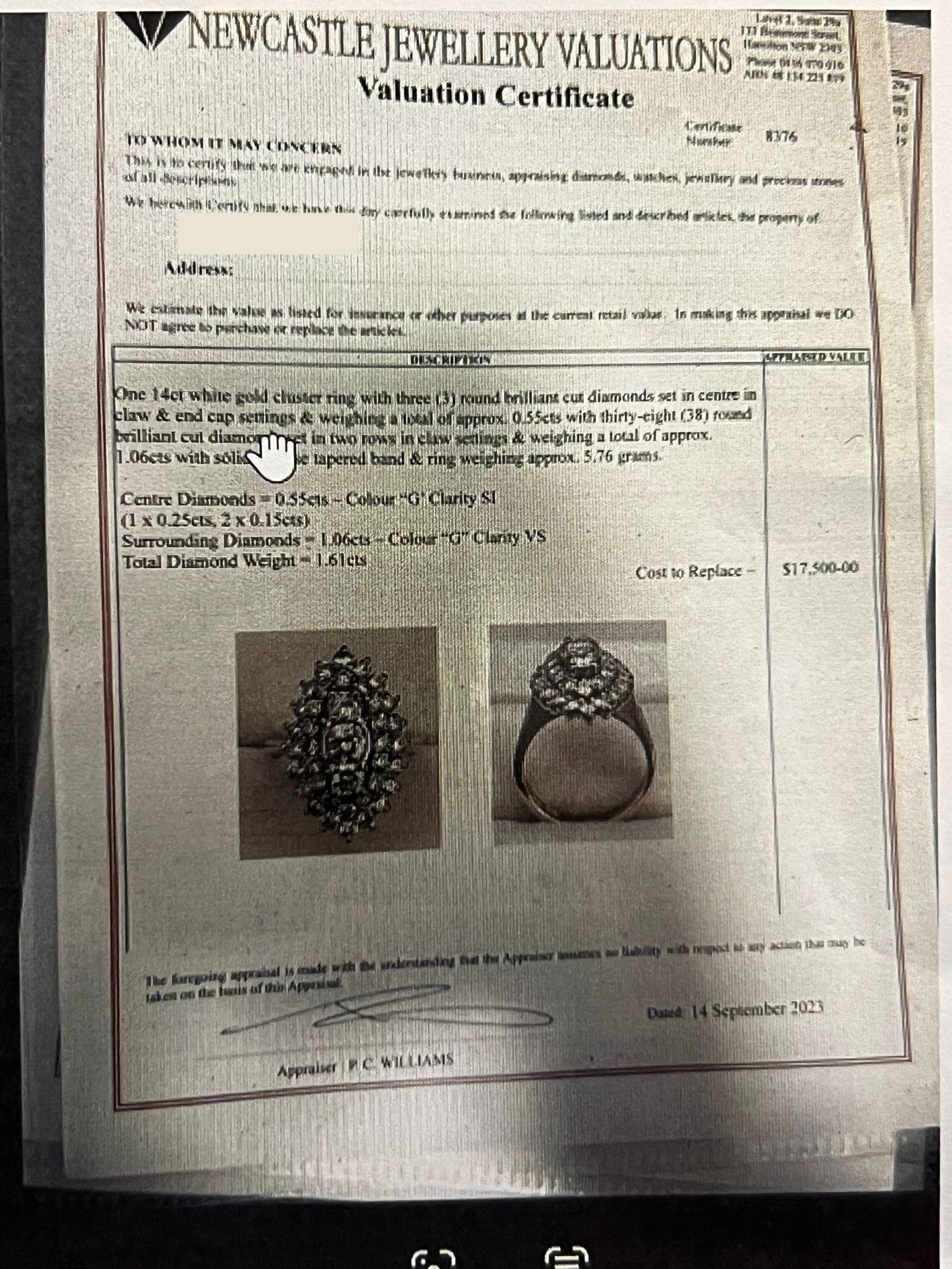 De las mujeres Anillo de oro blanco de 14 ct con racimo de diamantes 1,61 ct en venta