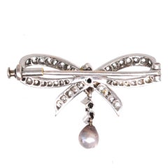 14ct White Gold Diamond & Grey Pearl Bow Brooch, Early 20th Century