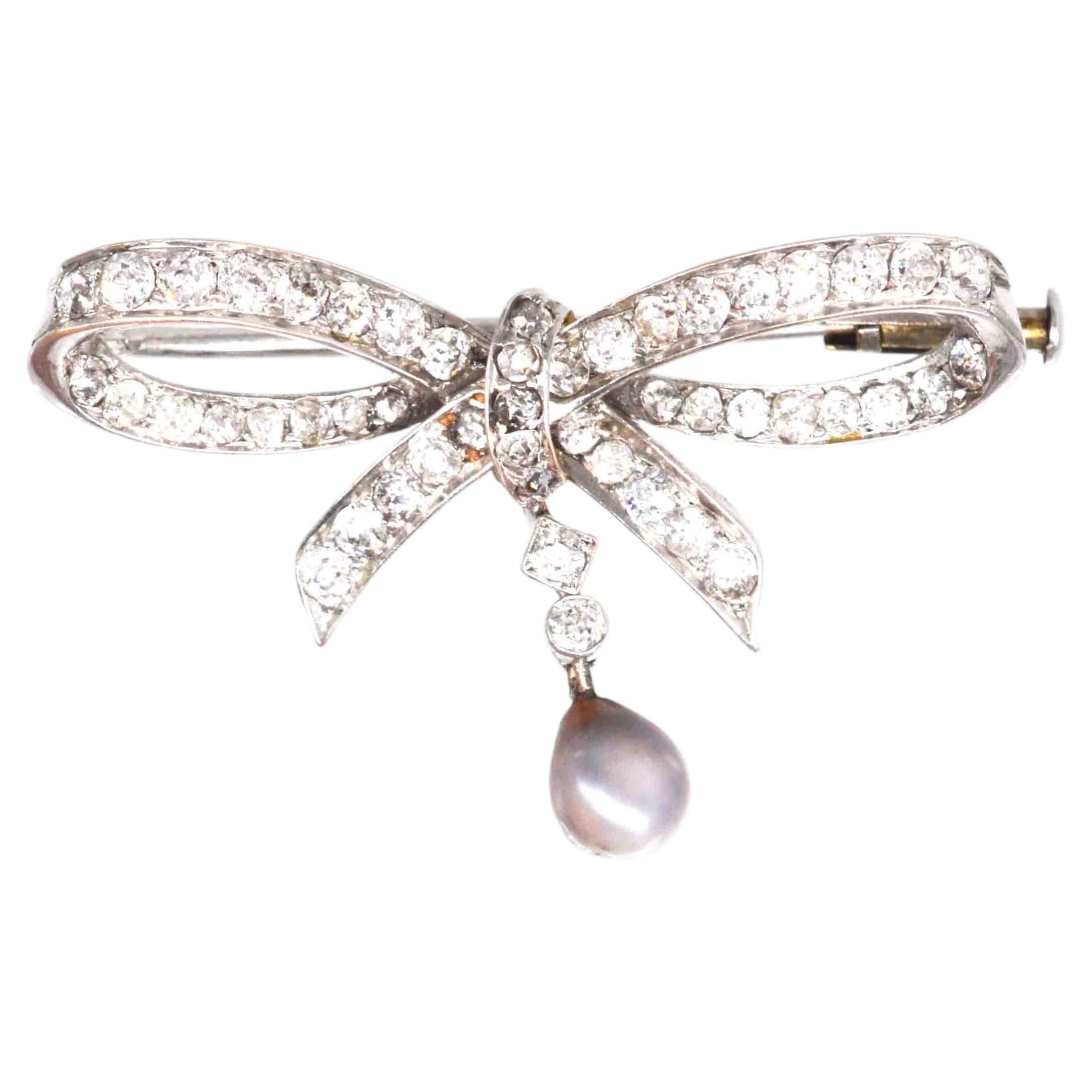 14ct White Gold Diamond & Grey Pearl Bow Brooch, Early 20th Century