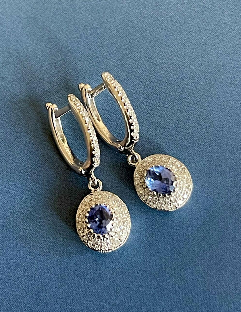 14ct White Gold Diamond Sapphire Earrings 1ct Oval Halo Cluter Drop Hoops Carat For Sale 5
