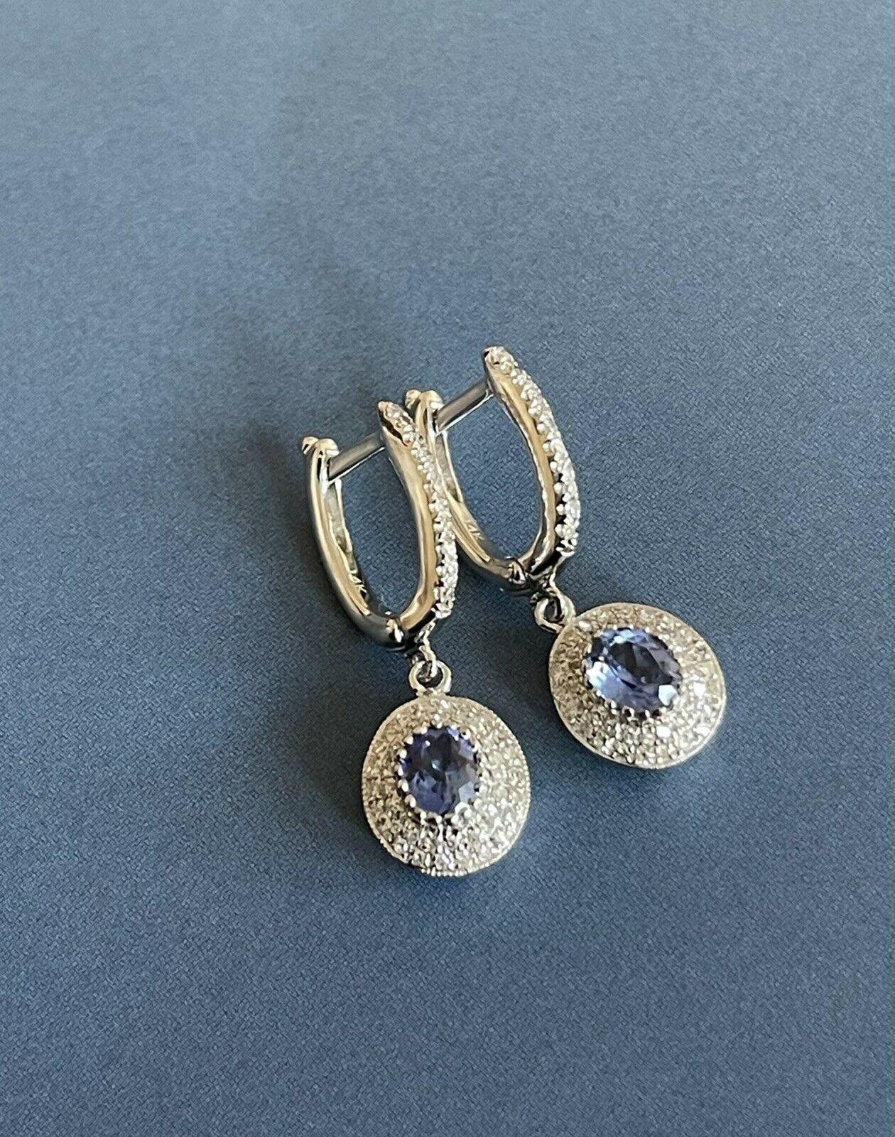 14ct White Gold Diamond Sapphire Earrings 1ct Oval Halo Cluter Drop Hoops Carat In New Condition For Sale In Ilford, GB