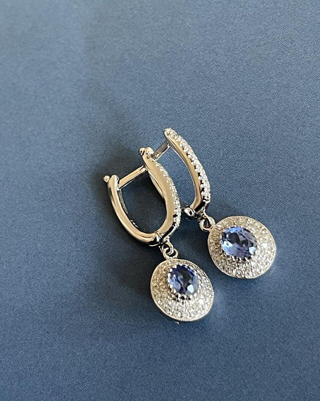 14ct White Gold Diamond Sapphire Earrings 1ct Oval Halo Cluter Drop Hoops Carat In New Condition For Sale In Ilford, GB