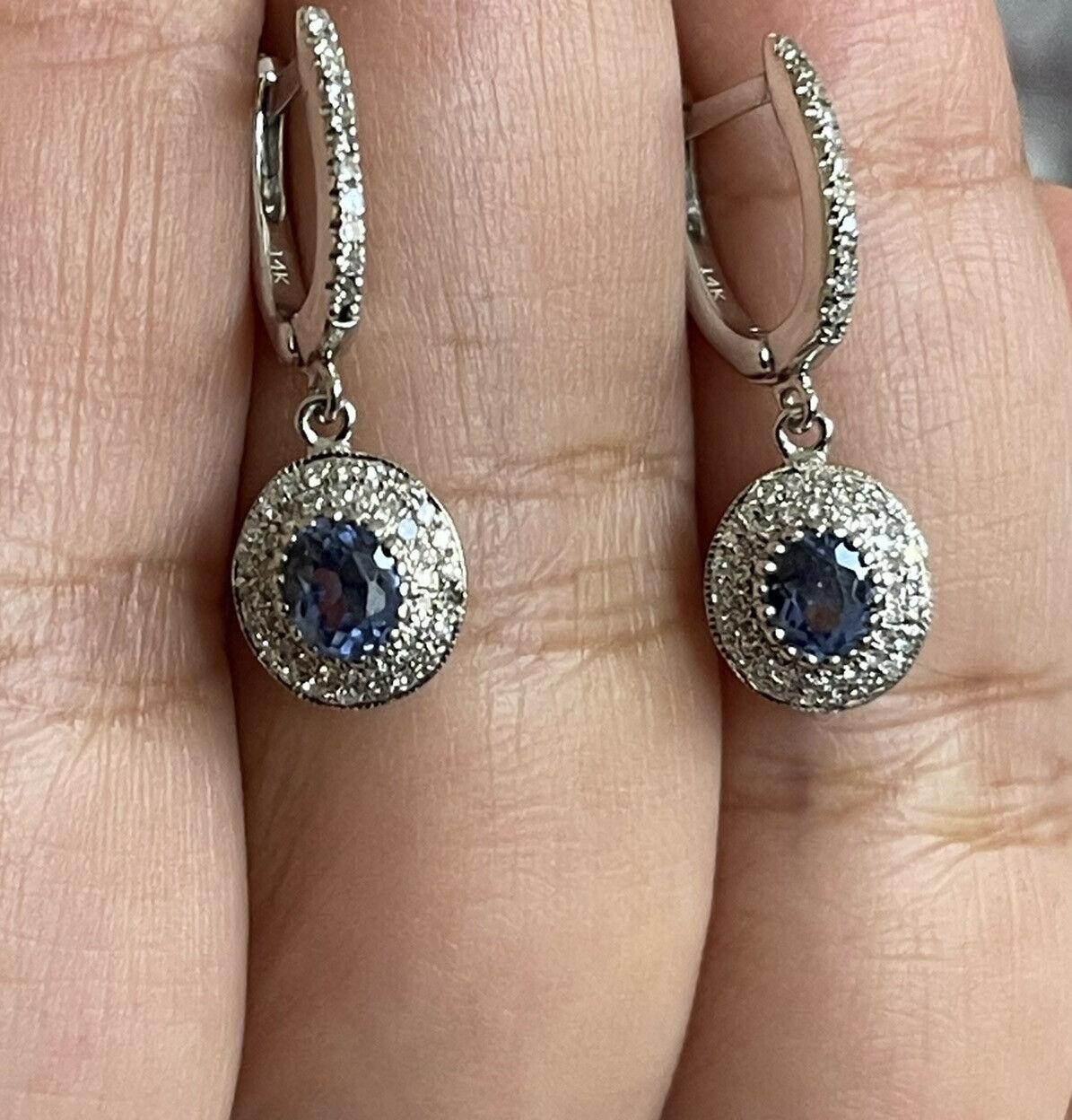 14ct White Gold Diamond Sapphire Earrings 1ct Oval Halo Cluter Drop Hoops Carat For Sale 5