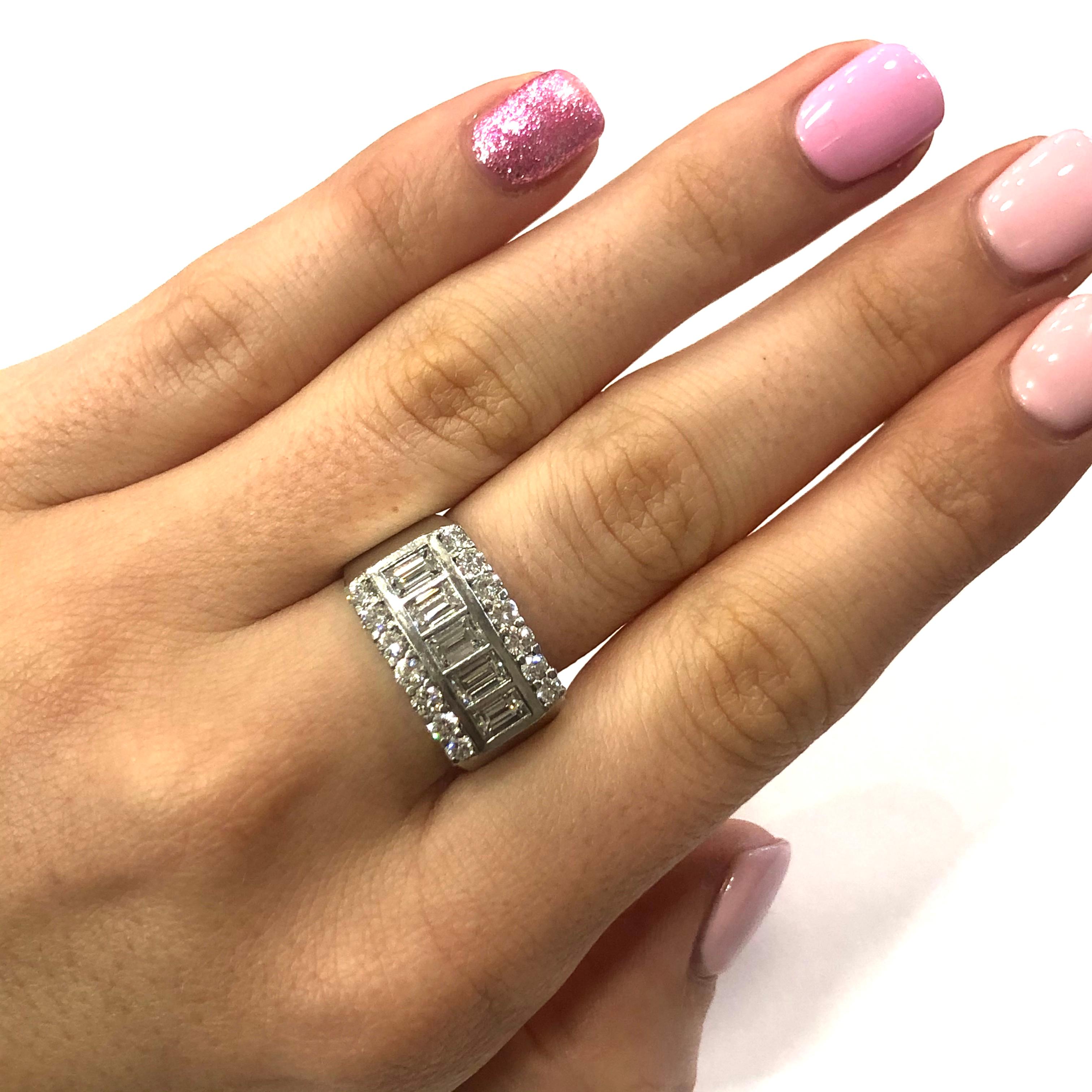 Baguette Cut 14 Carat White Gold Diamond Unisex Chunky Ring