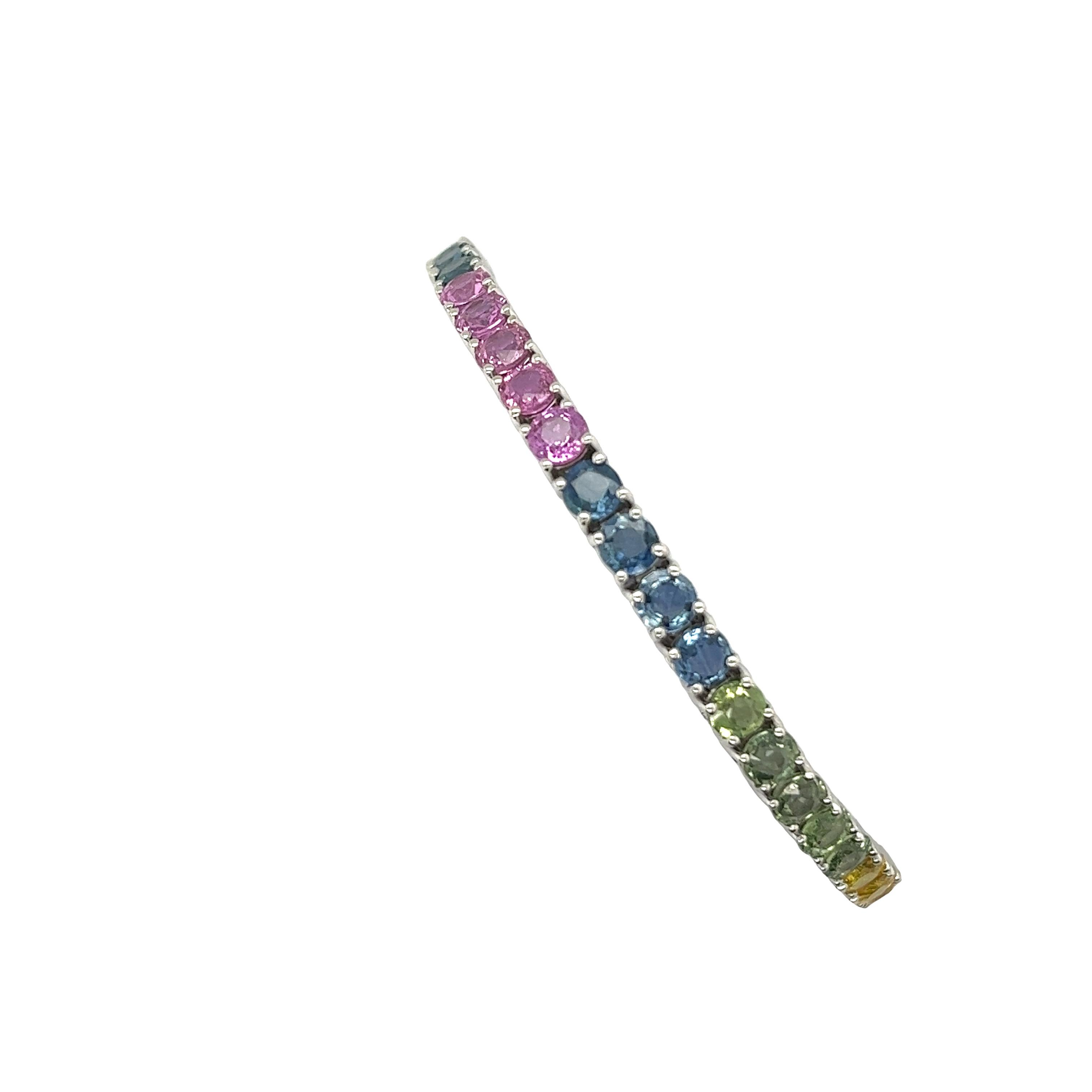 Women's or Men's 14ct White Gold Natural Sapphires Rainbow Tennis Bracelet For Sale