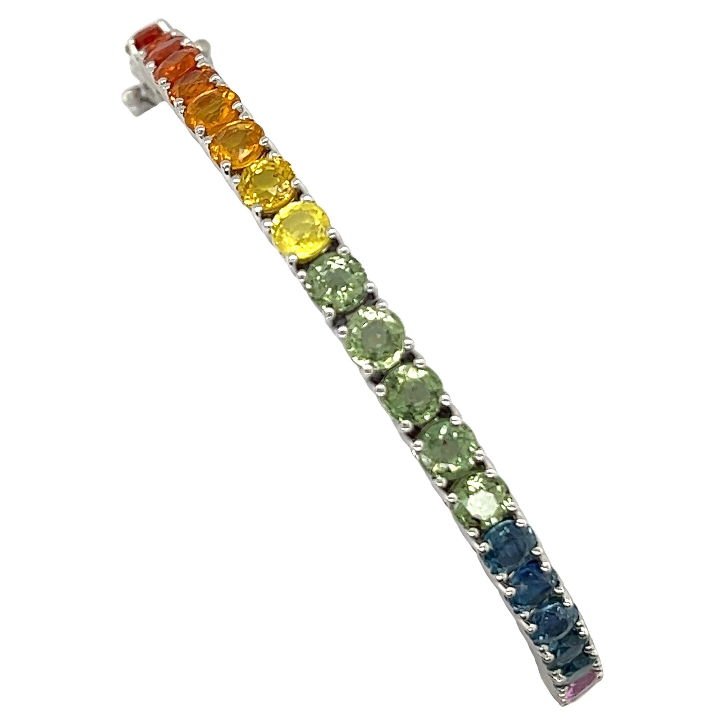 Bracelet tennis arc-en-ciel en or blanc 14 carats avec saphirs naturels