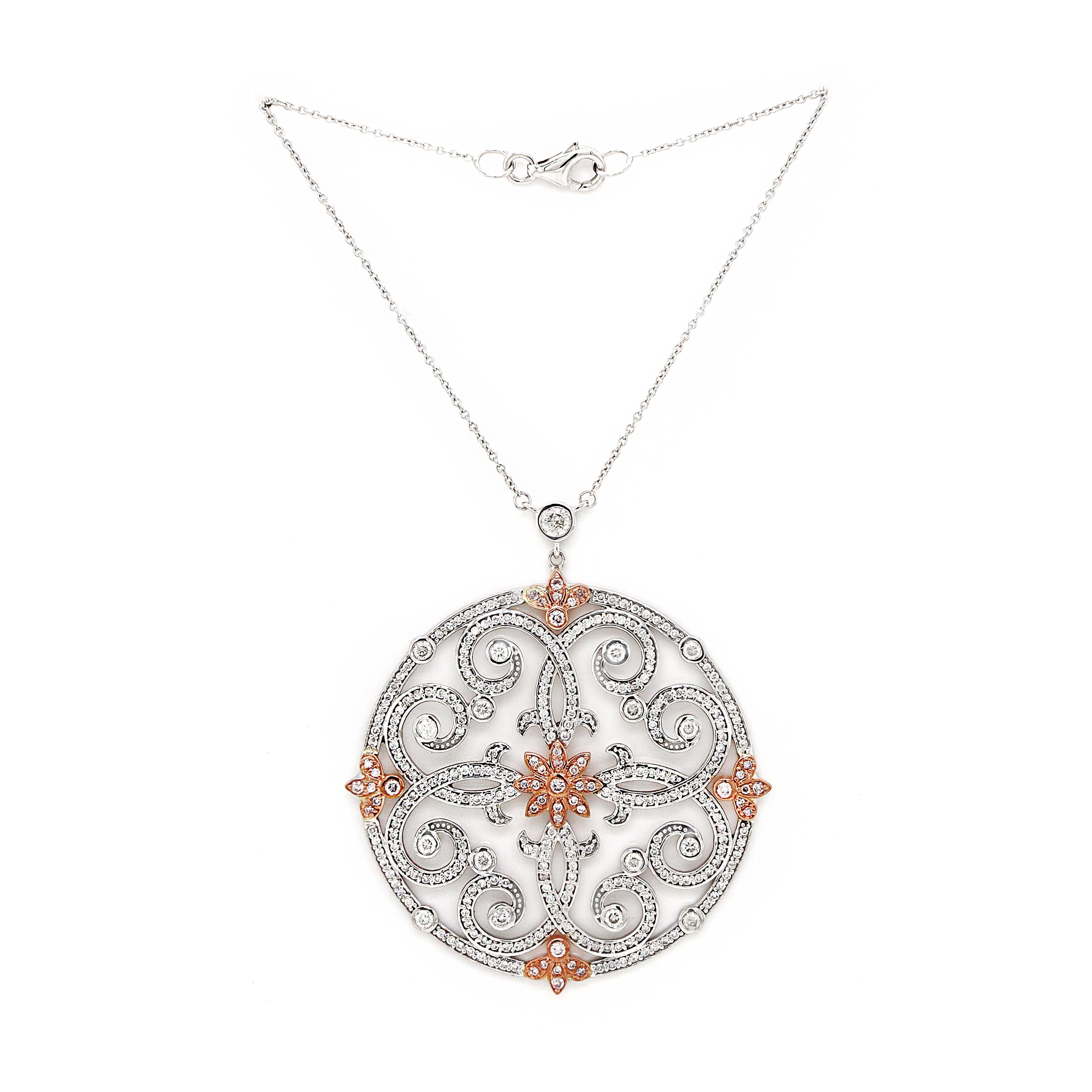 Art Deco 14CT White Gold Pink And White Diamond Antique inspired Pendant With Necklace For Sale