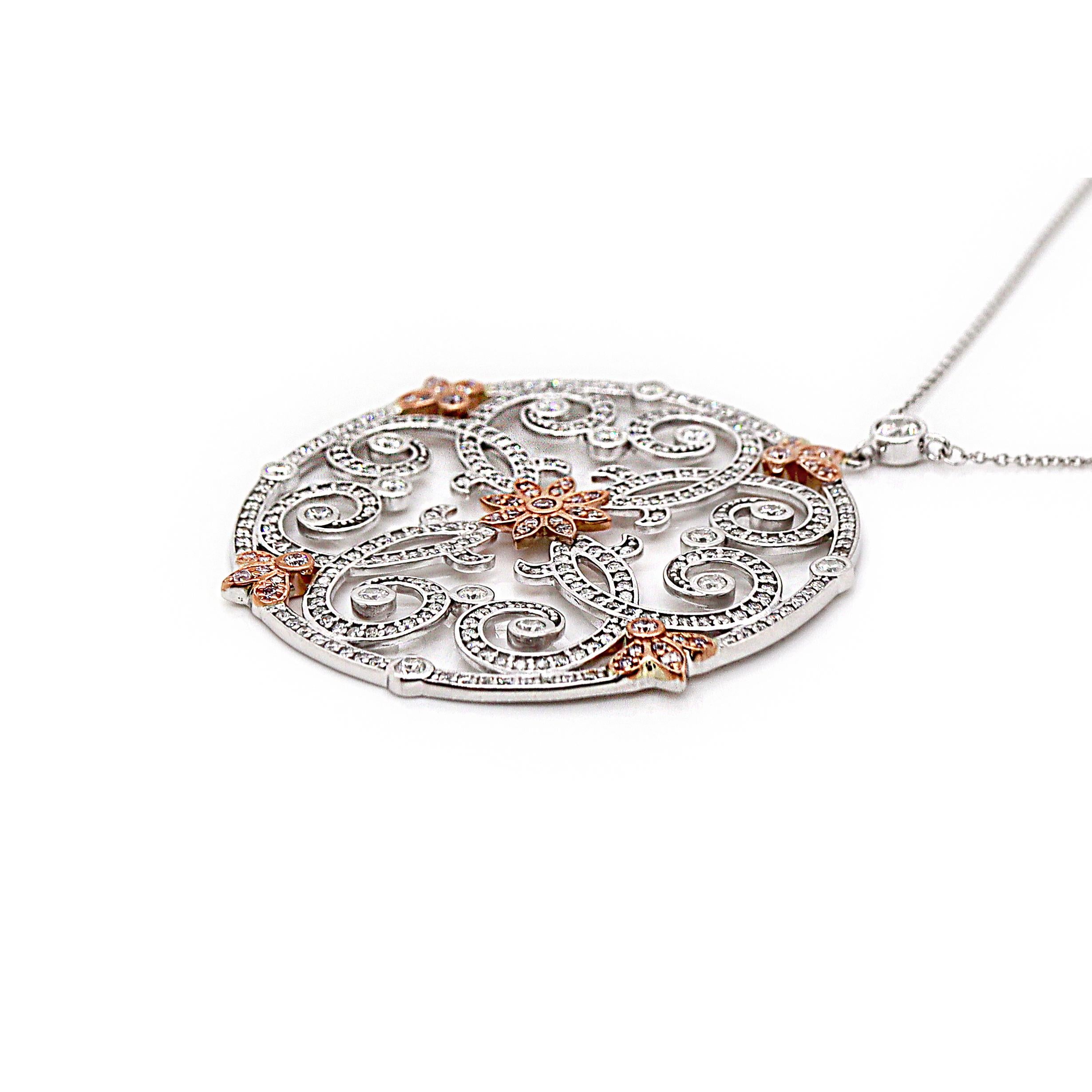 Round Cut 14CT White Gold Pink And White Diamond Antique inspired Pendant With Necklace For Sale