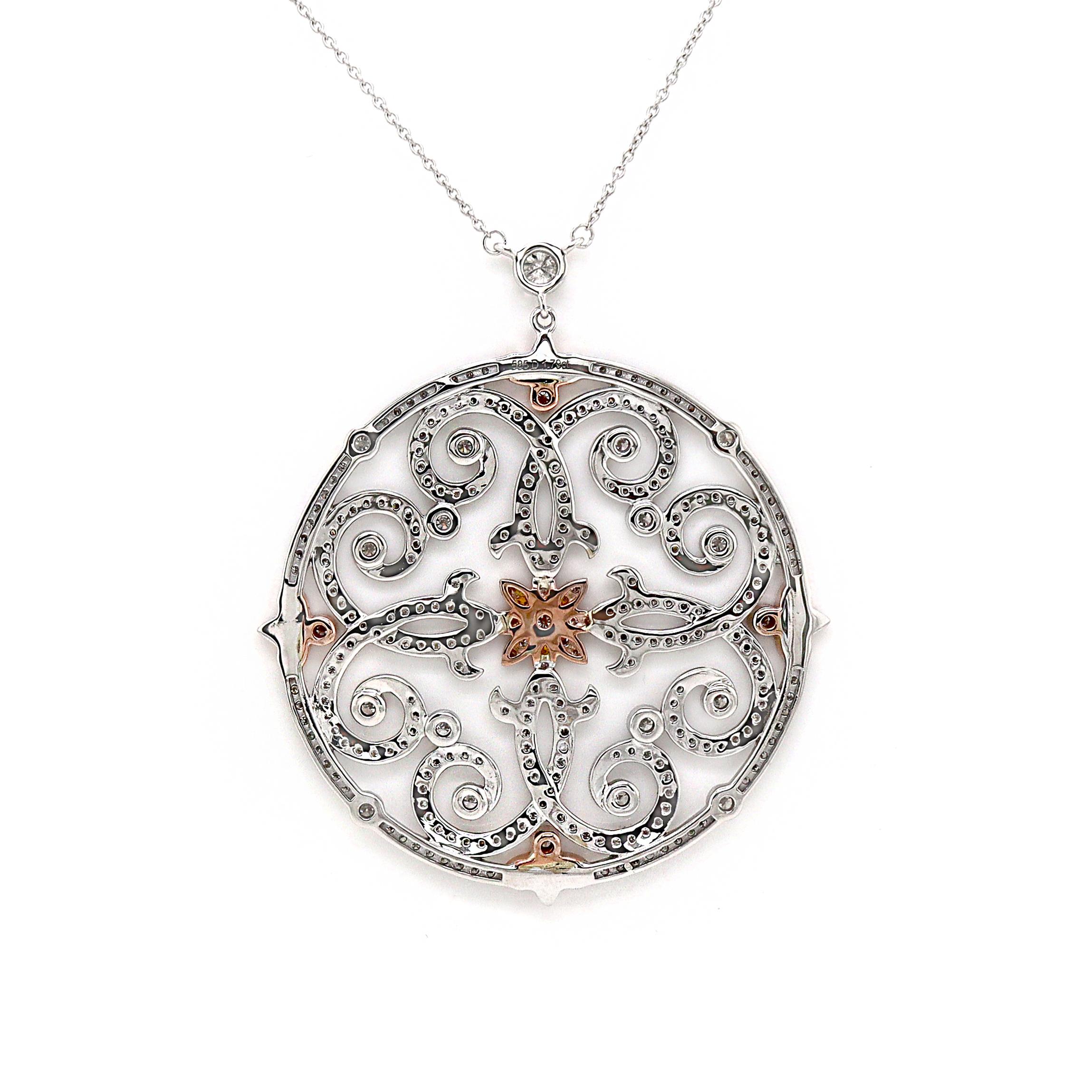 14CT White Gold Pink And White Diamond Antique inspired Pendant With Necklace In New Condition For Sale In Sydney, NSW
