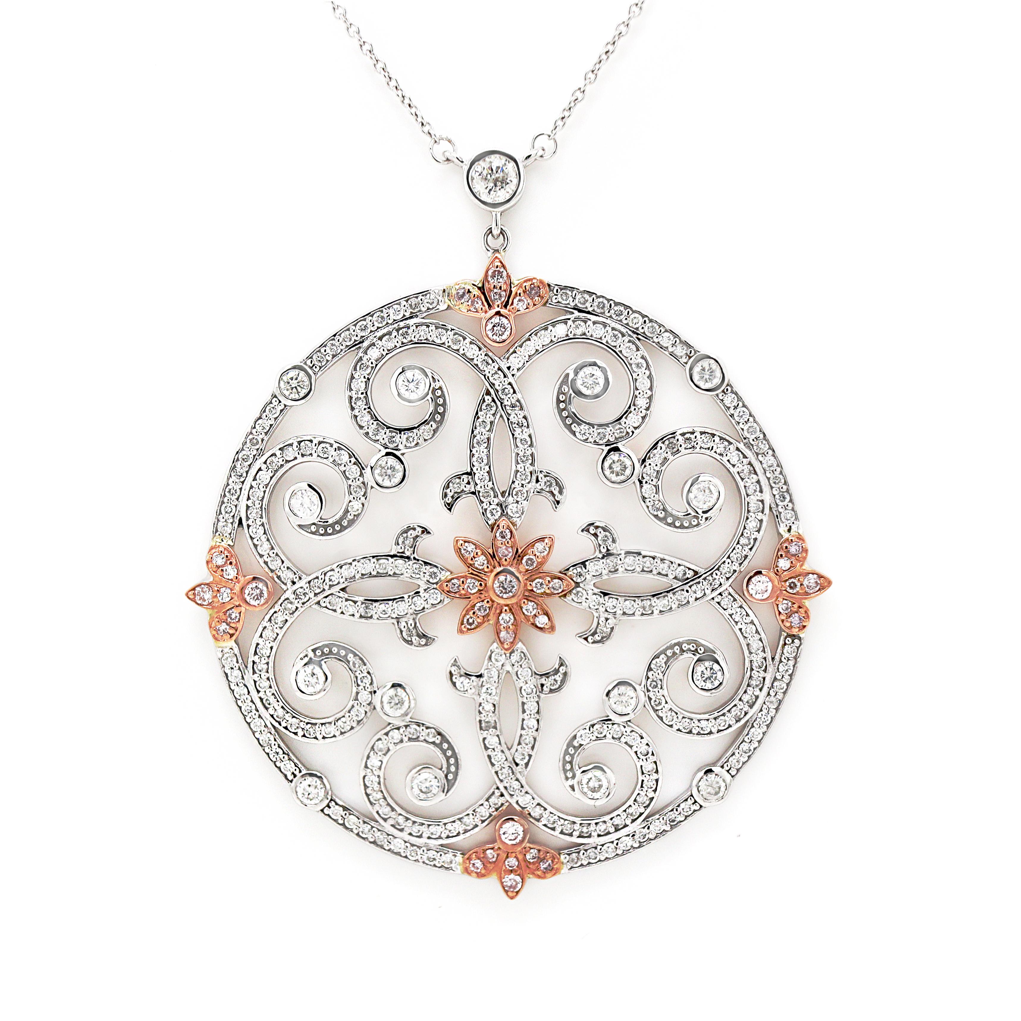 Women's or Men's 14CT White Gold Pink And White Diamond Antique inspired Pendant With Necklace For Sale