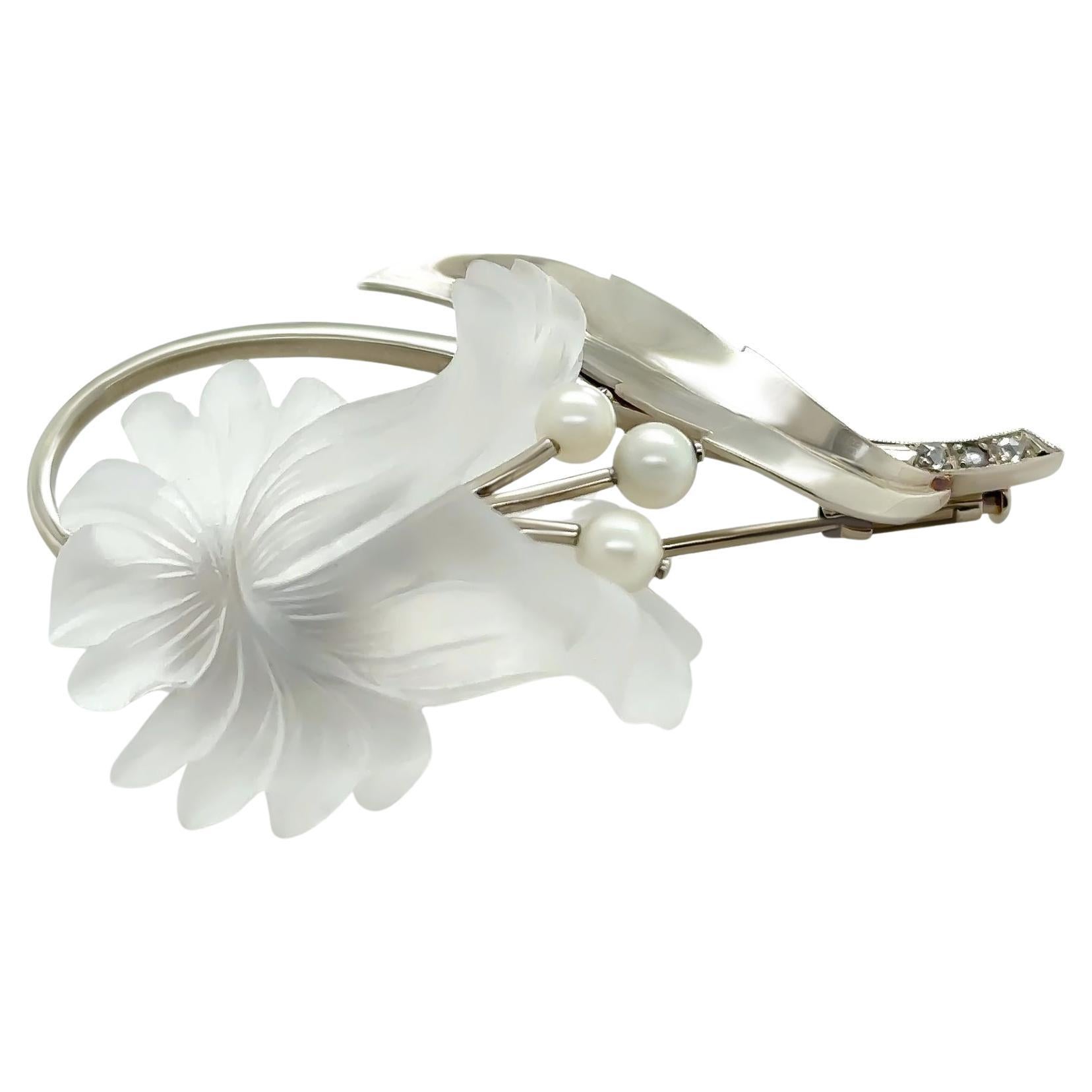 Pre-owned Bespoke 14ct White Gold Rock Crystal Cultured Pearl And Diamond Floral Brooch 11.93g