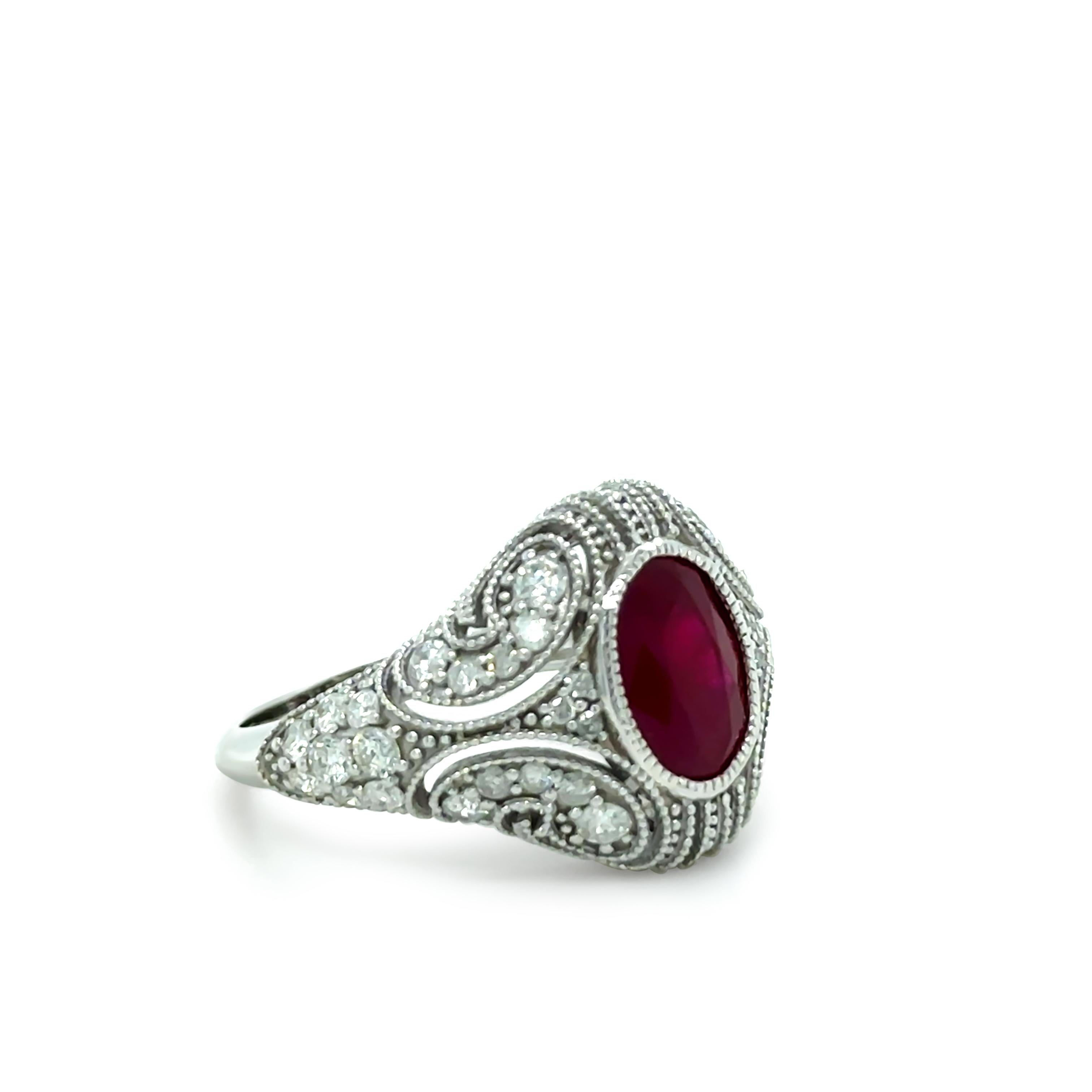 Oval Cut 14ct White Gold Ruby and Diamond Art Deco Ring 3.64ct For Sale