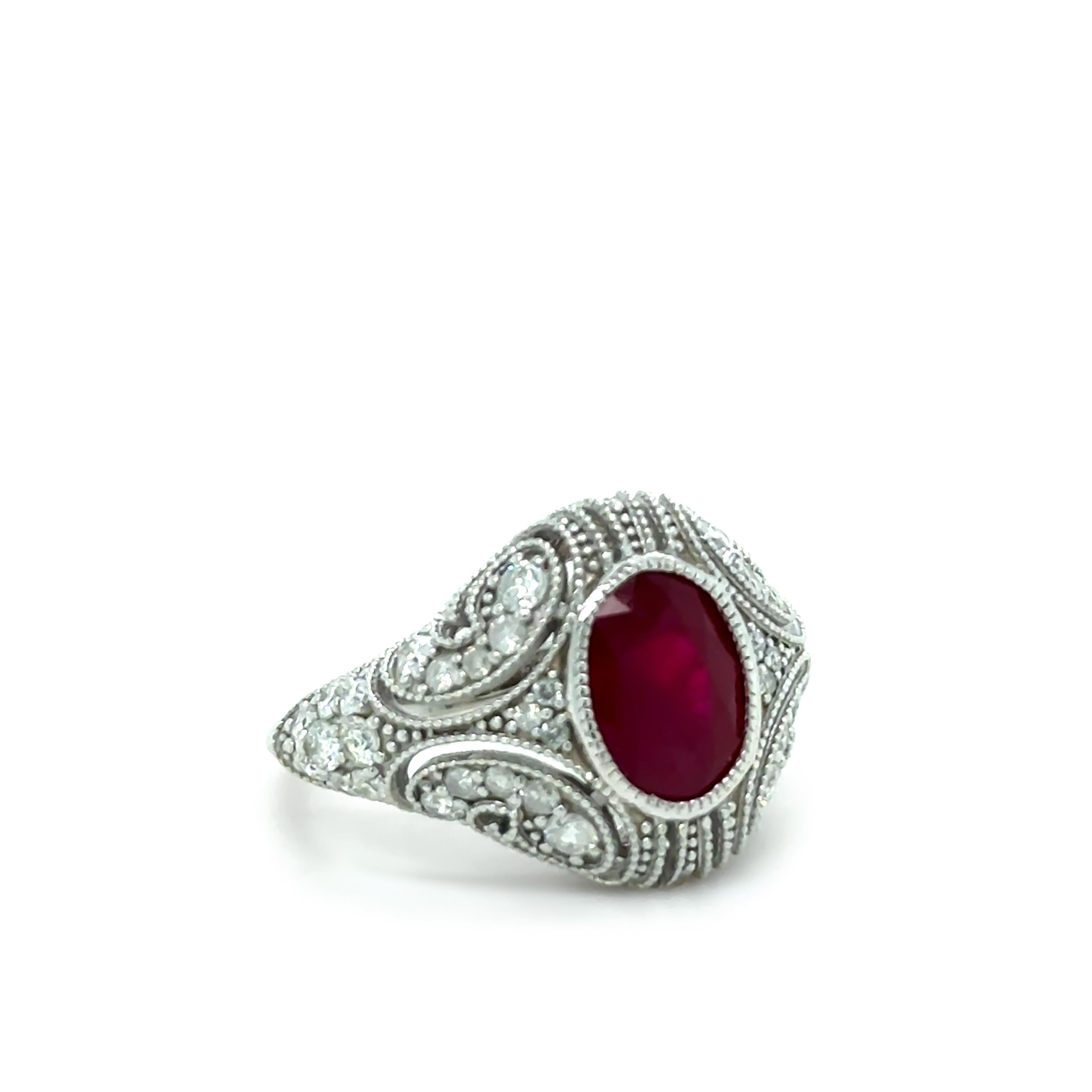 14ct White Gold Ruby and Diamond Art Deco Ring 3.64ct In Excellent Condition For Sale In SYDNEY, NSW