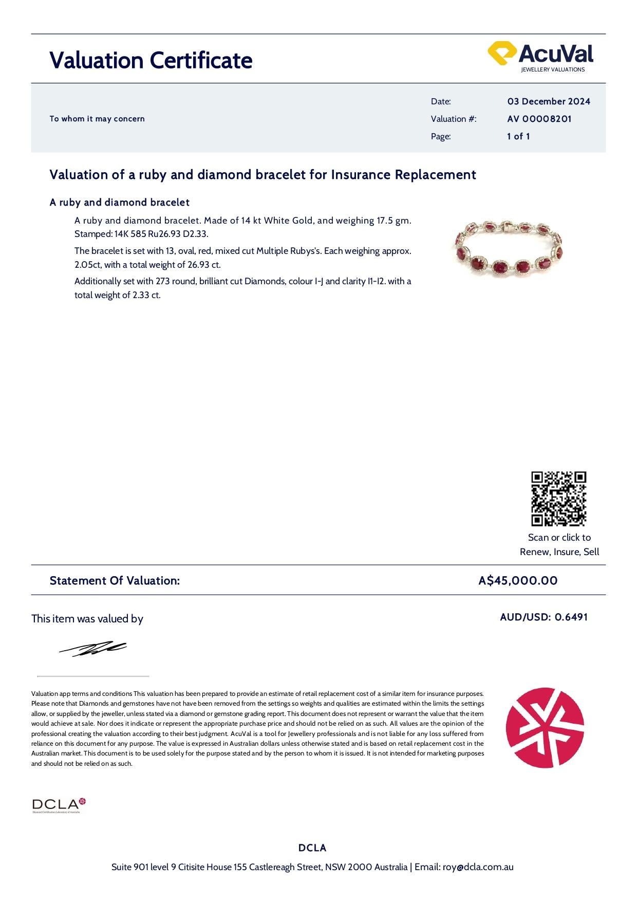 14ct White Gold Ruby and Diamond Bracelet 29.26ct For Sale 3