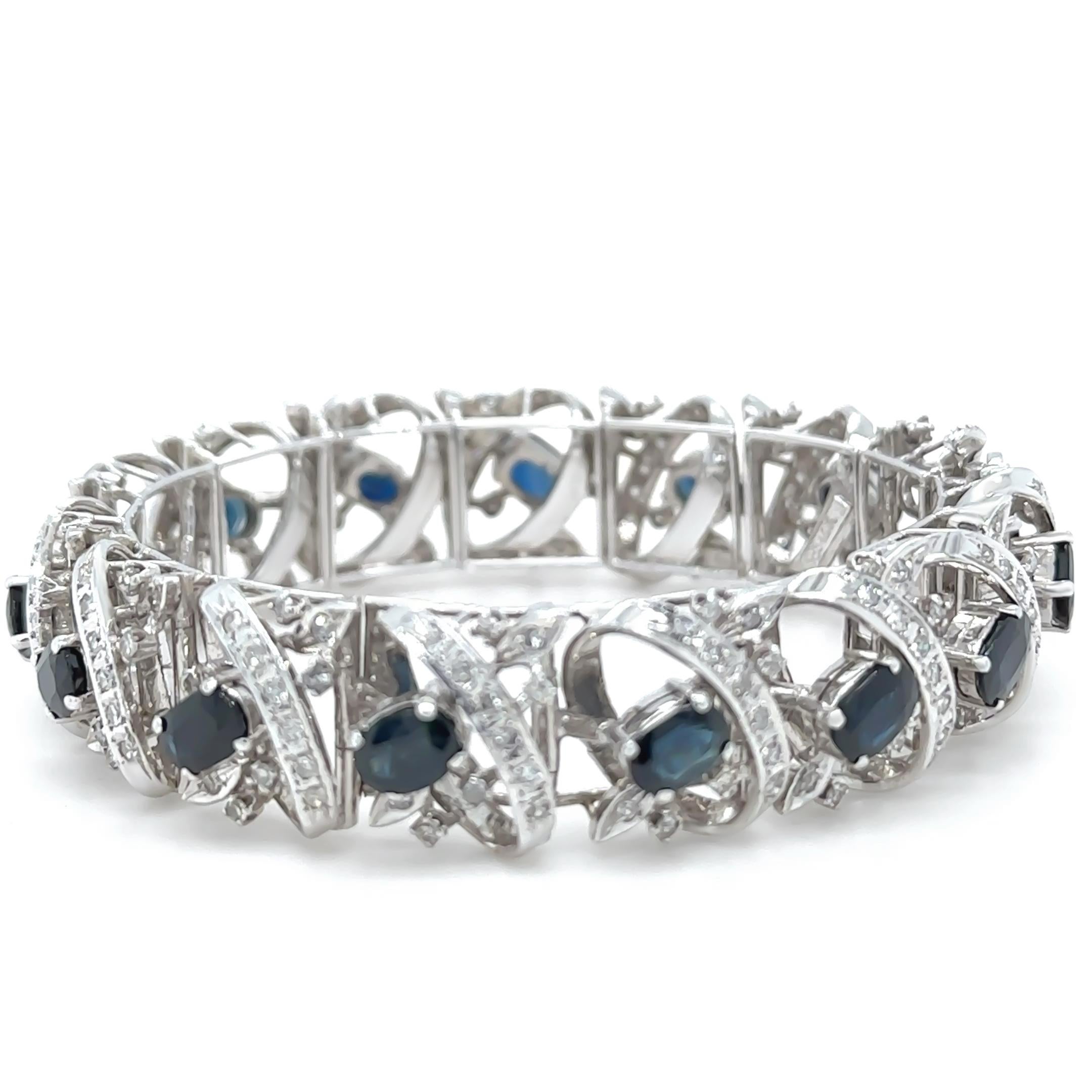 Oval Cut 14ct White Gold Sapphire and Diamond Cluster Bracelet 11.45ct 48.29g For Sale