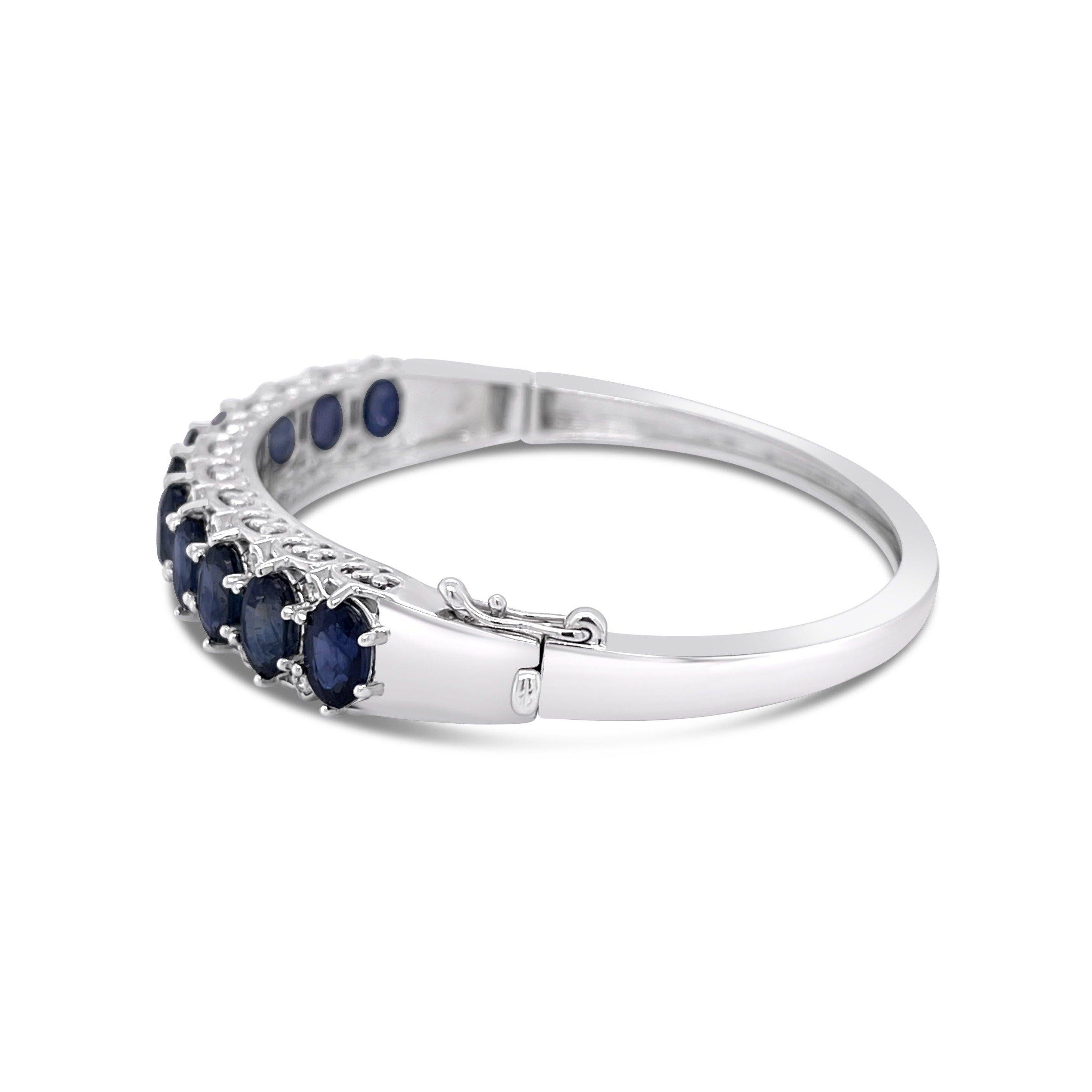 Contemporary 14CT White Gold Sapphire and Diamond Hinged Bangle For Sale