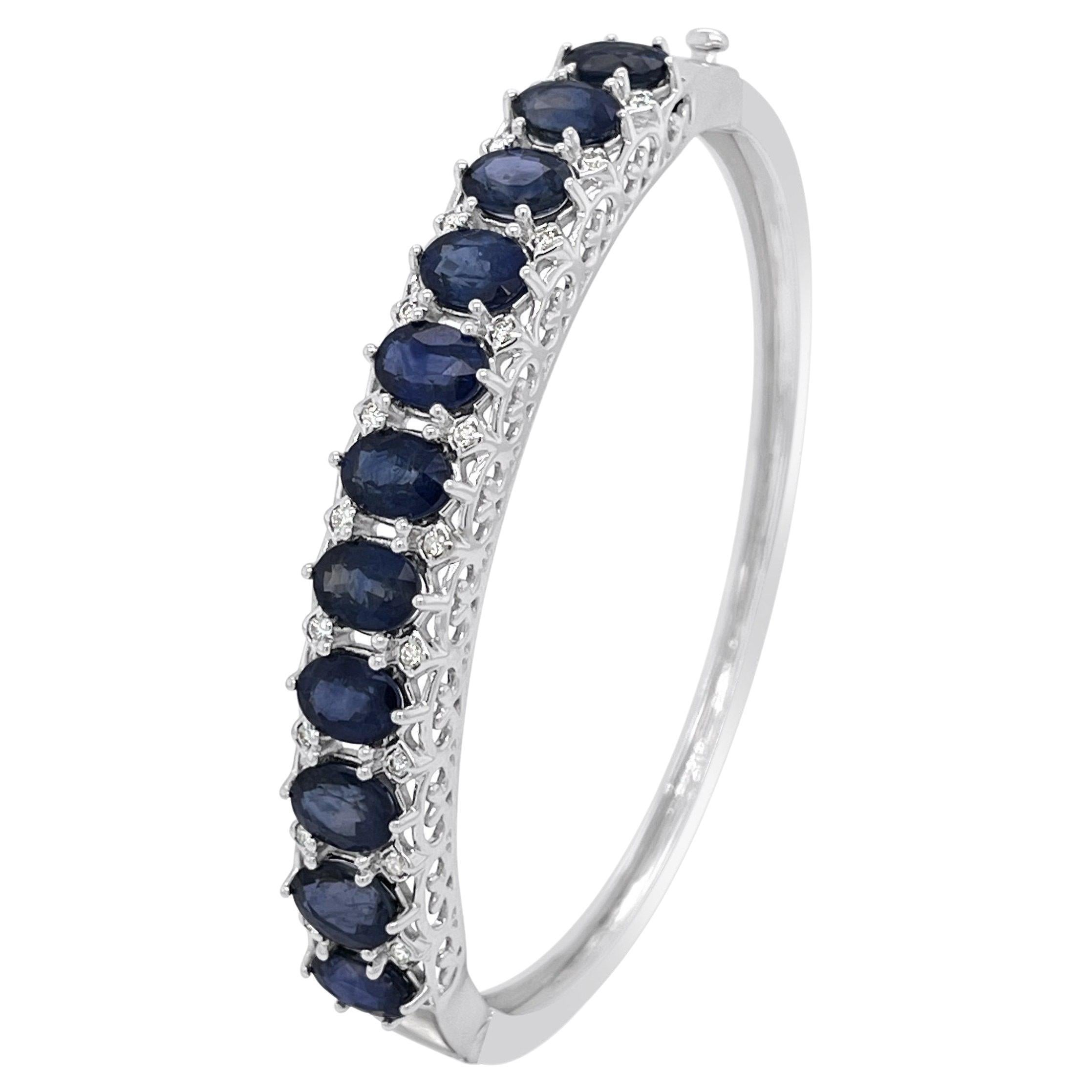 14CT White Gold Sapphire and Diamond Hinged Bangle For Sale