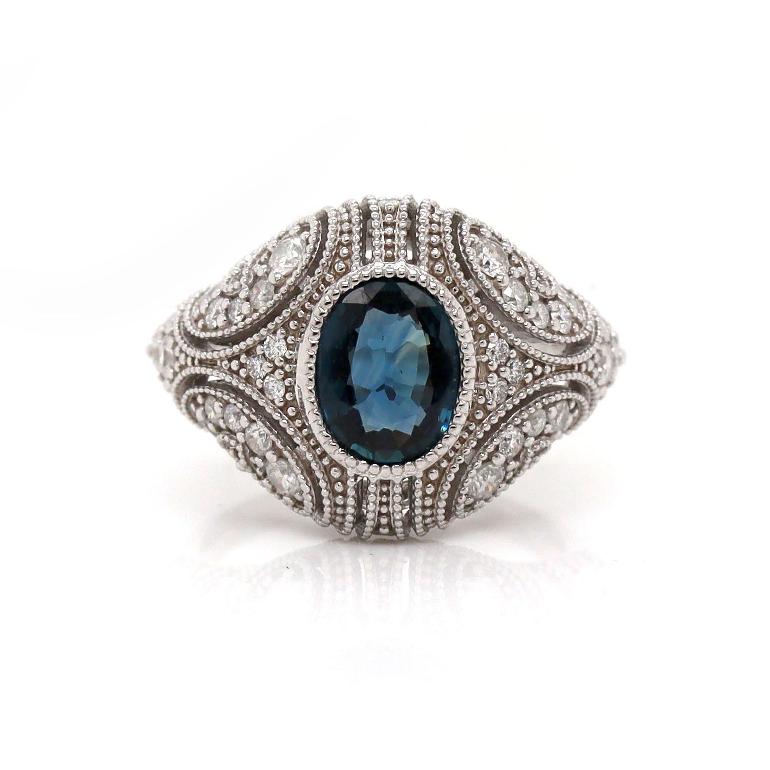 da uomo o donna Anello con zaffiro e diamante in oro bianco 14ct in vendita
