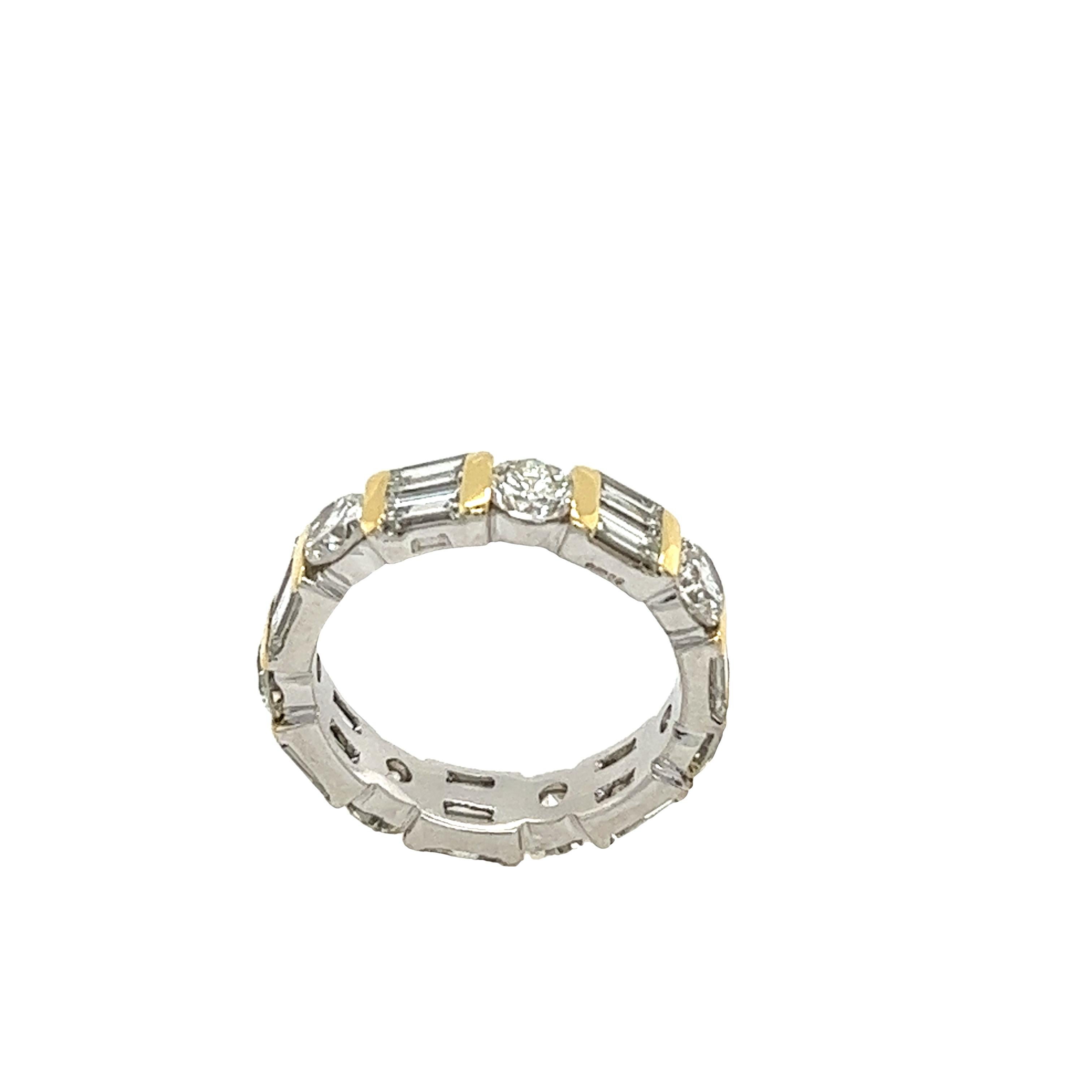 A beautiful diamond full eternity ring, set with 7 Round Brilliant Cut Diamonds & 14 Baguette cut Diamonds with 4.60ct in total.  G/H Colour & SI clarity.
This beautiful ring is a symbol of everlasting love.

Total Diamond Weight: 4.60ct 
Diamond