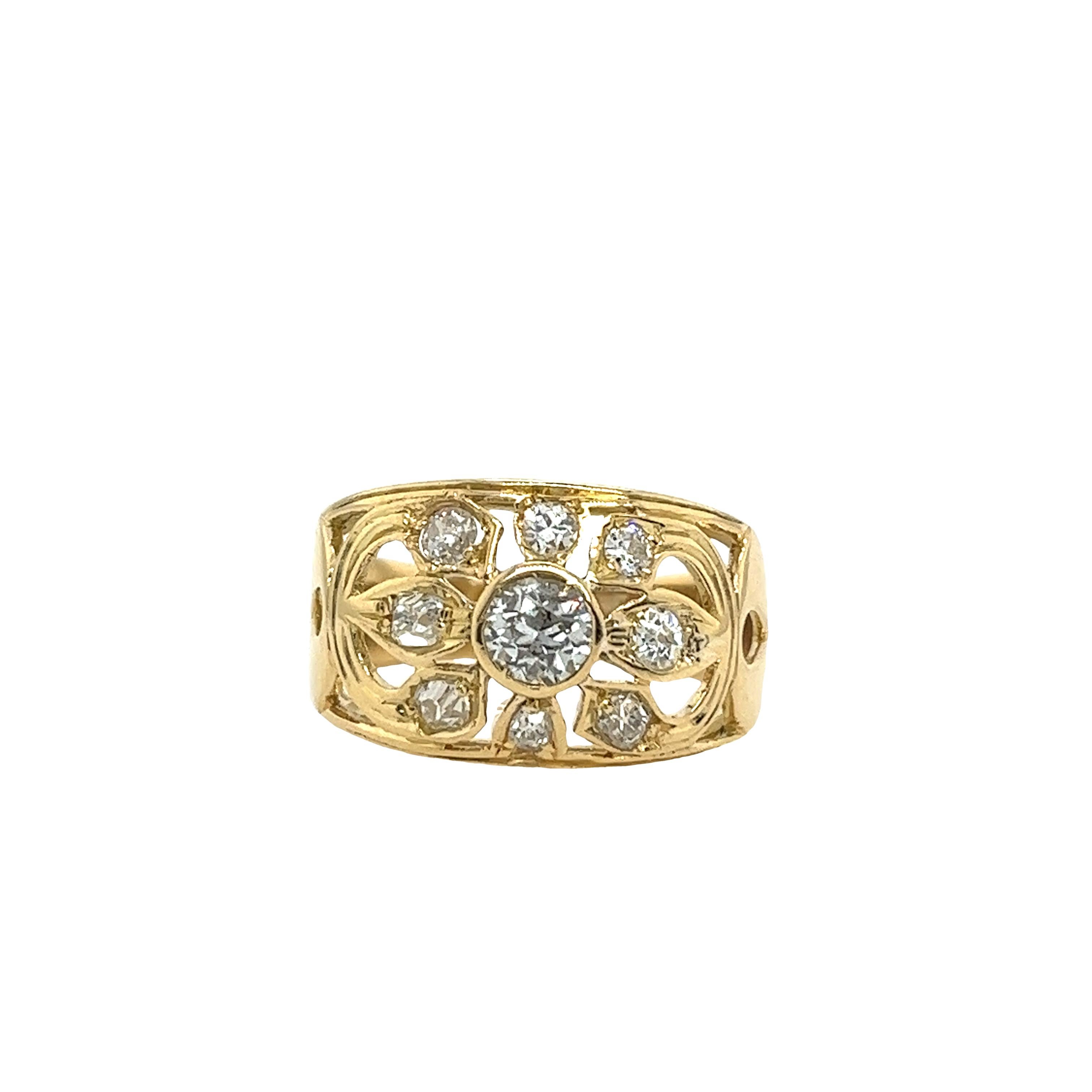 This gorgeous diamond dress ring set in an 14ct yellow gold setting, 
with 0.60ct natural old cut diamonds. This is a unique and eye-catching ring.
Total Diamond Weight: 0.60ct
Diamond Colour: H-I
Diamond Clarity: SI1/SI2
Total Weight: 6.4g
Width of