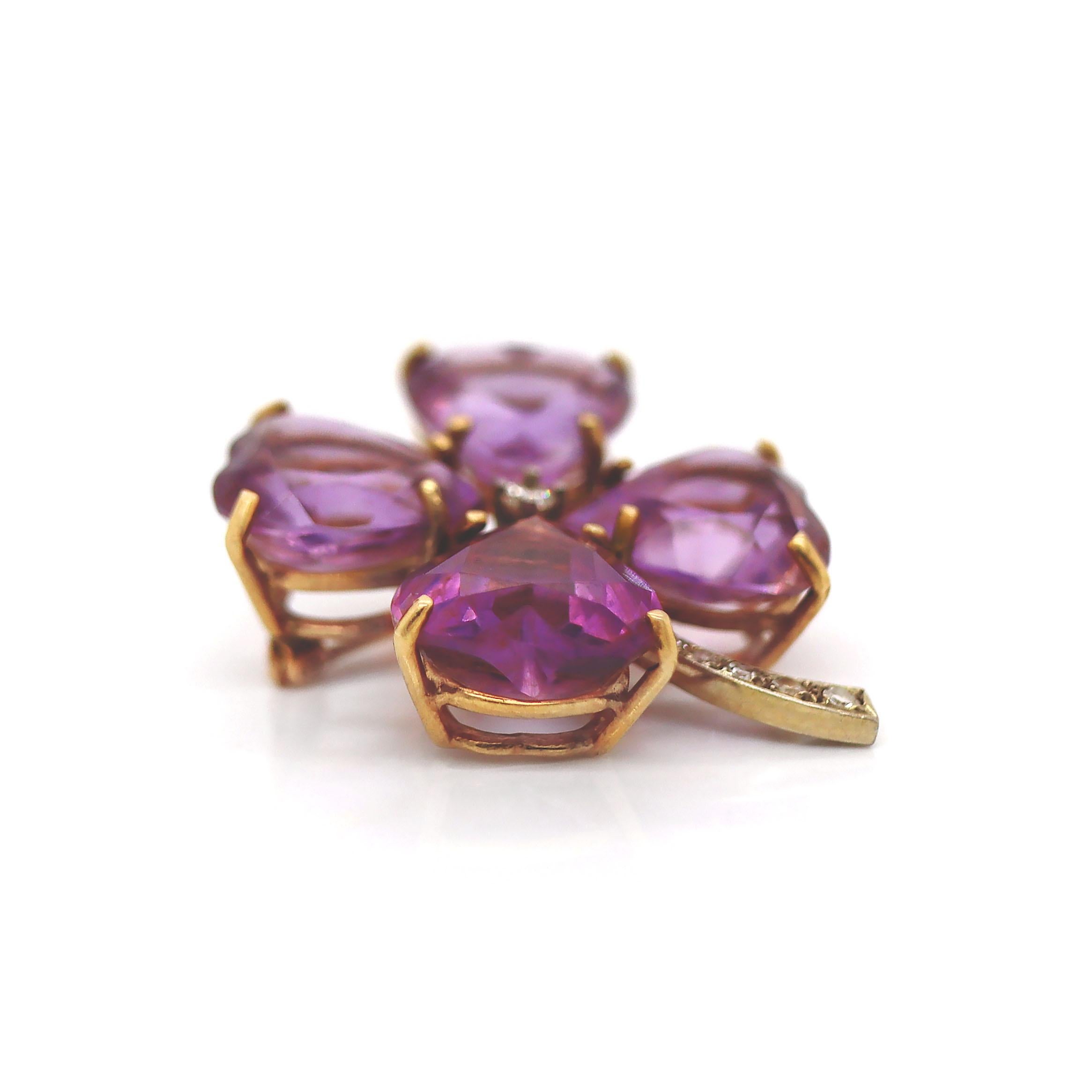 Broche Trébol Amatista y Diamantes Oro Amarillo y Blanco 14CT Corte de corazón en venta