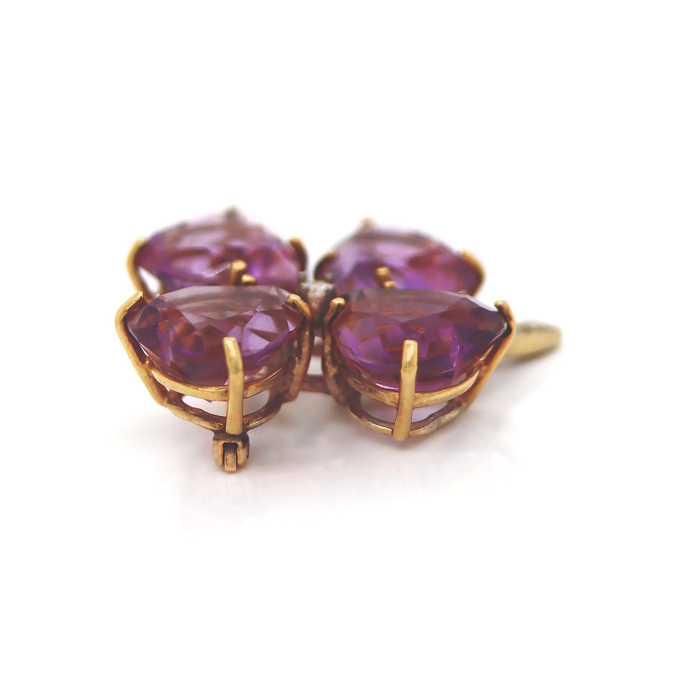 Femenino o masculino Broche Trébol Amatista y Diamantes Oro Amarillo y Blanco 14CT en venta