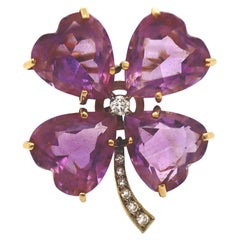 14CT Yellow And White Gold Amethyst And Diamond Clover Brooch
