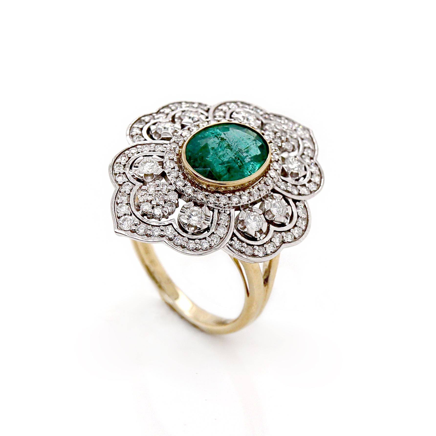 14CT Yellow And White Gold Emerald And Diamond Antique Inspired Cocktail Ring

This antique inspired cocktail ring exudes vintage charm and sophistication. At the heart of the design is a vibrant oval cut Emerald in a captivating depth of rich green
