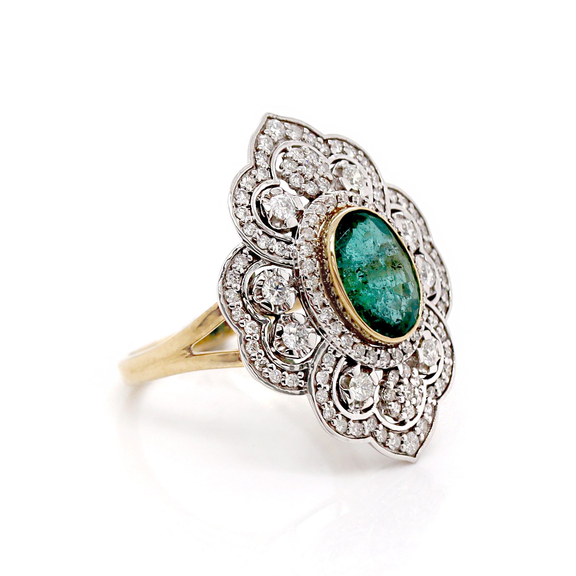 Oval Cut 14CT Yellow And White Gold Emerald & Diamond Antique Inspired Cocktail Ring For Sale