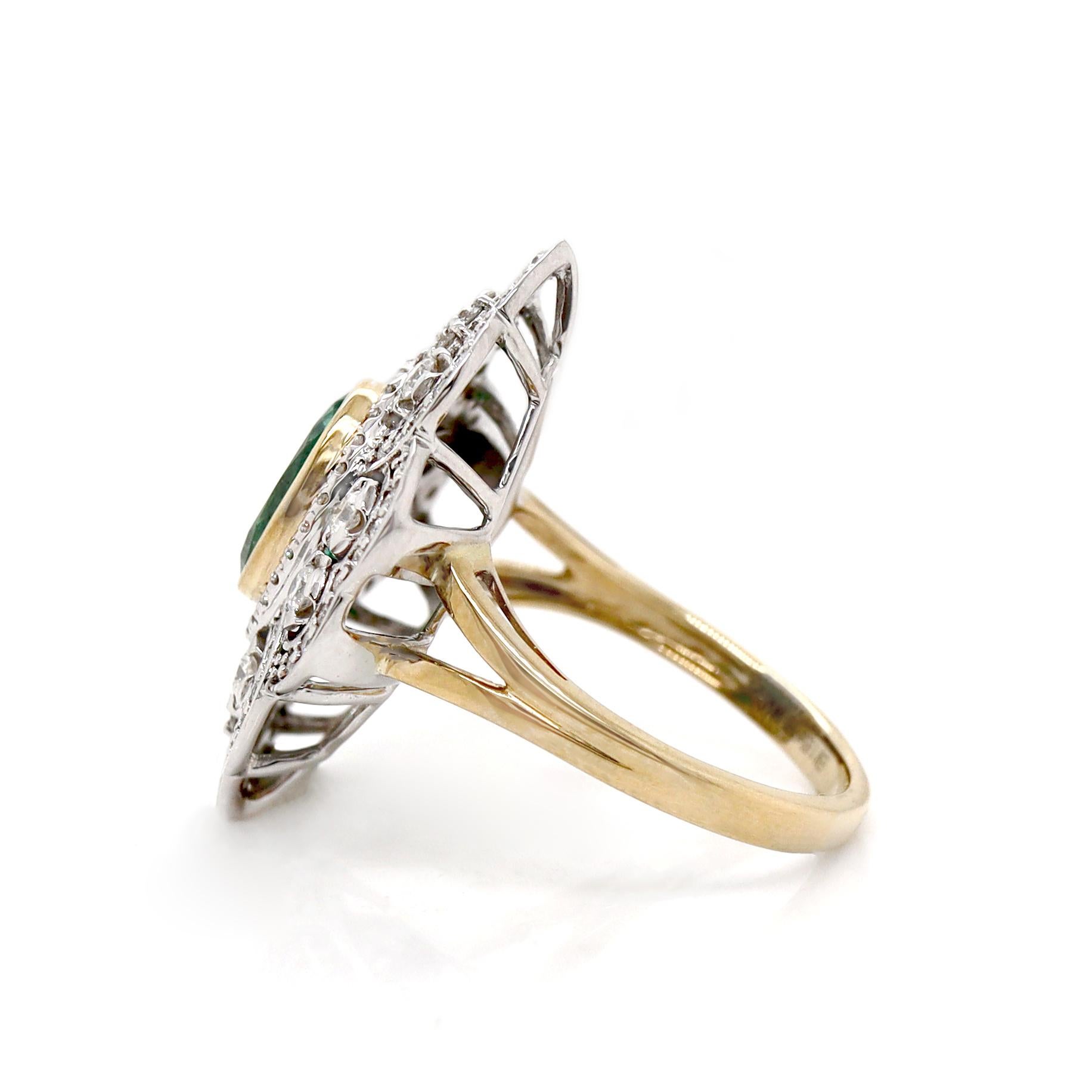14CT Yellow And White Gold Emerald & Diamond Antique Inspired Cocktail Ring In New Condition For Sale In Sydney, NSW