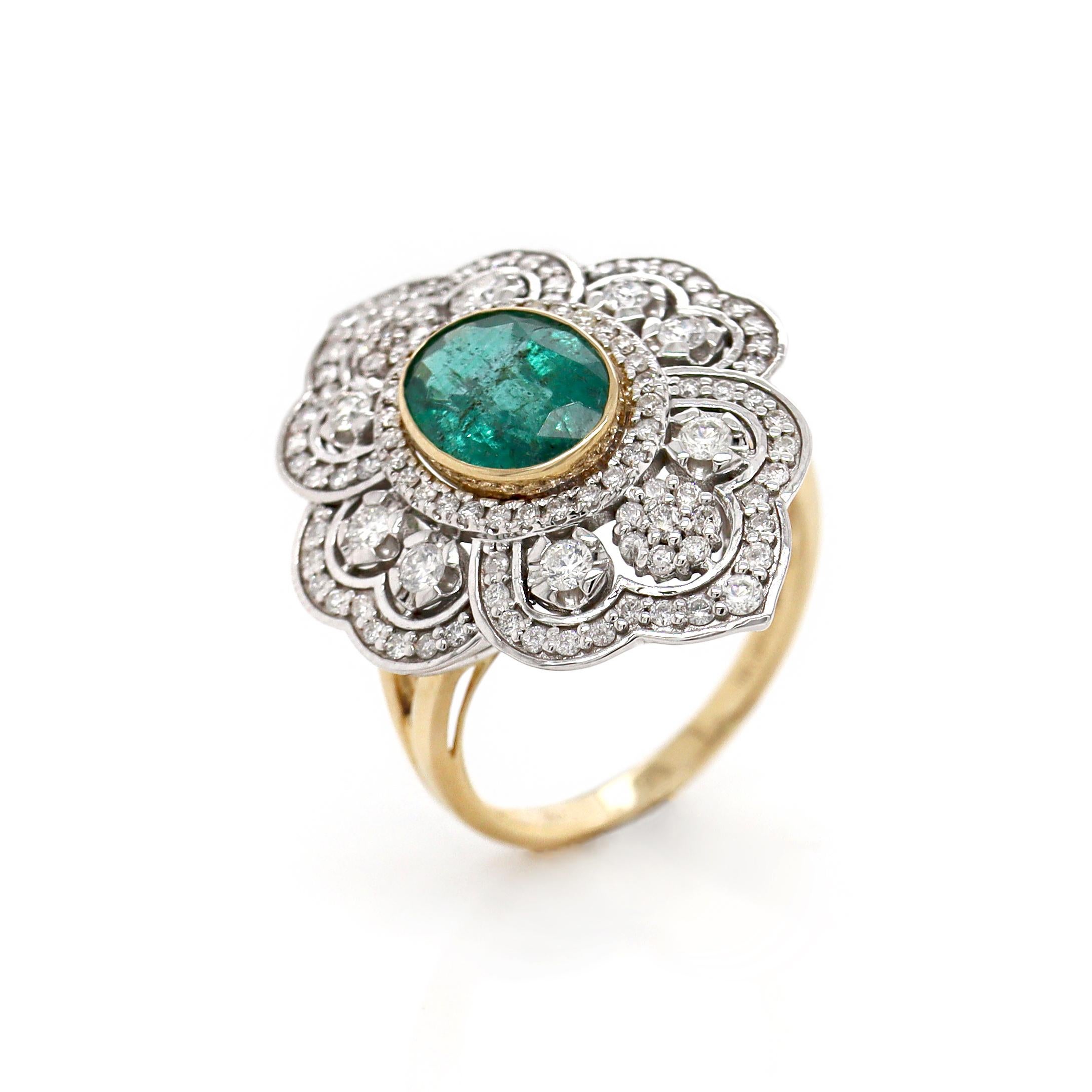 Women's or Men's 14CT Yellow And White Gold Emerald & Diamond Antique Inspired Cocktail Ring For Sale