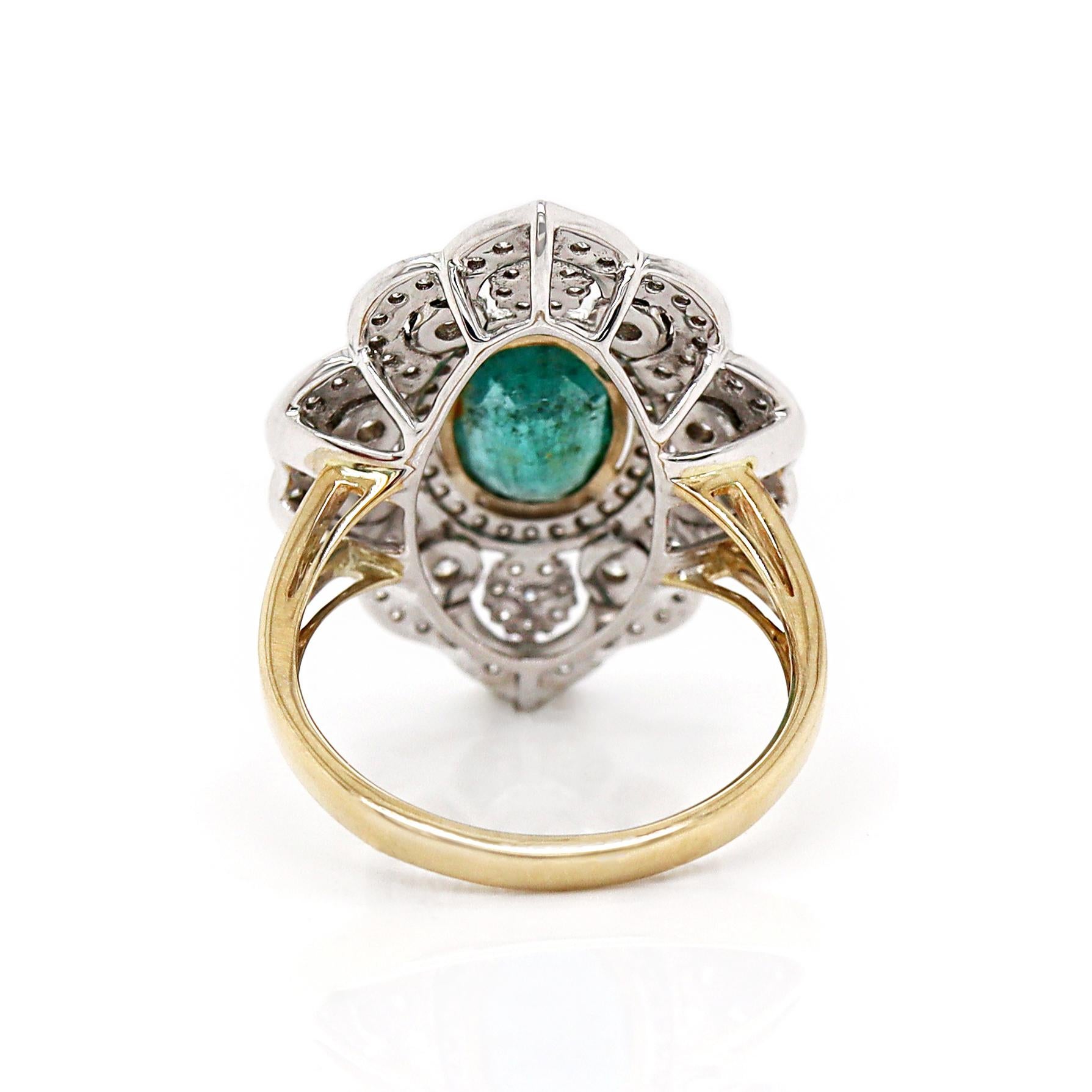 14CT Yellow And White Gold Emerald & Diamond Antique Inspired Cocktail Ring For Sale 1