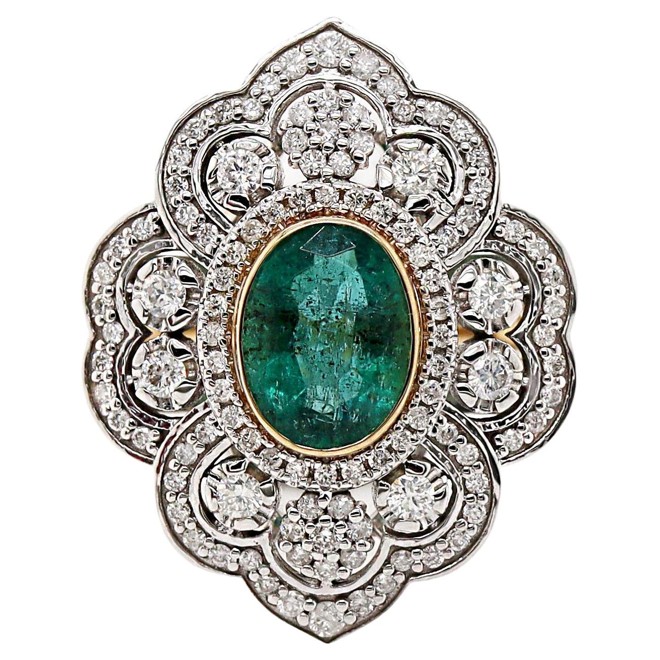 14CT Yellow And White Gold Emerald & Diamond Antique Inspired Cocktail Ring