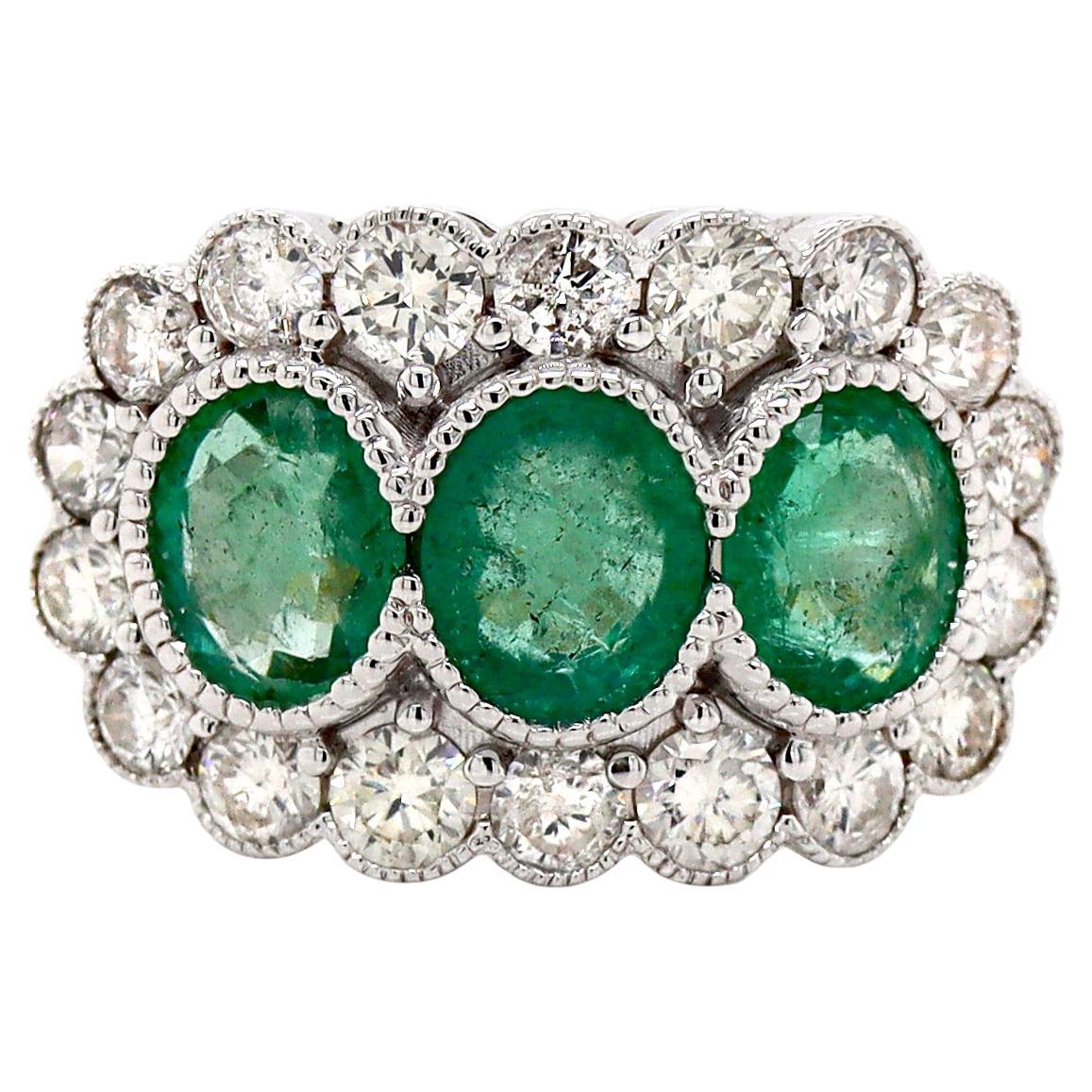 14CT Yellow And White Gold Emerald With Diamond Trilogy Dress Ring