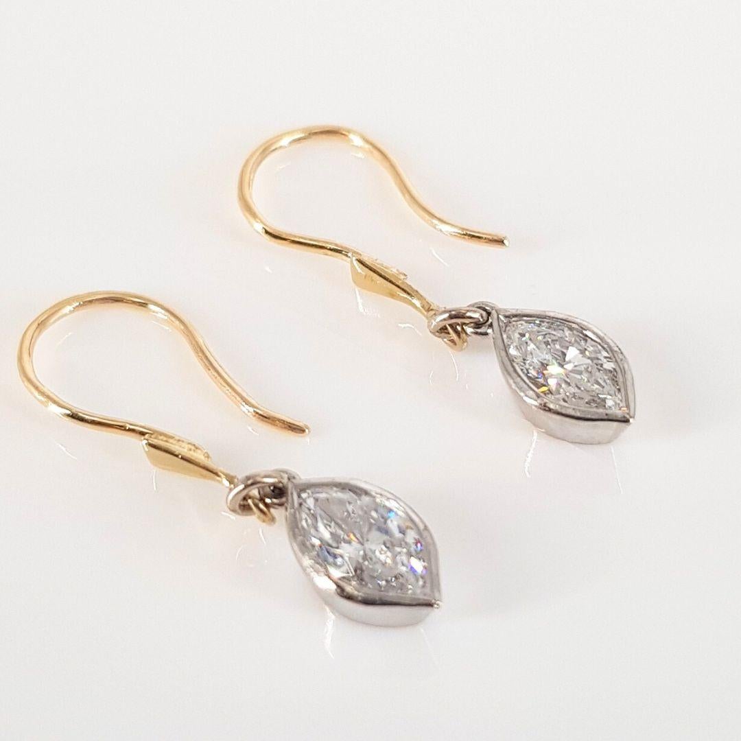 Marquise Cut 14ct Yellow And White Gold Marquise Diamond Drop Earrings For Sale