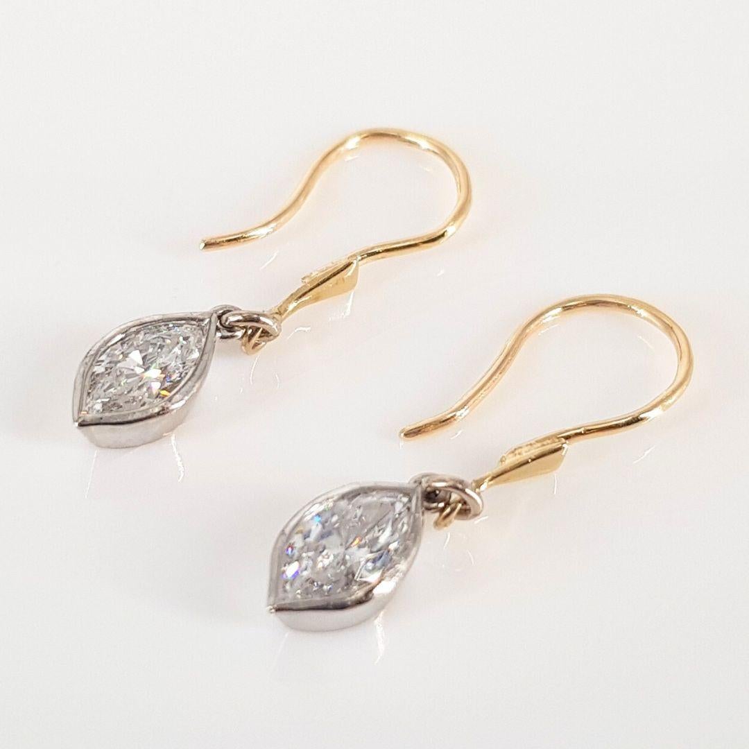 14ct Yellow And White Gold Marquise Diamond Drop Earrings In Excellent Condition For Sale In Cape Town, ZA