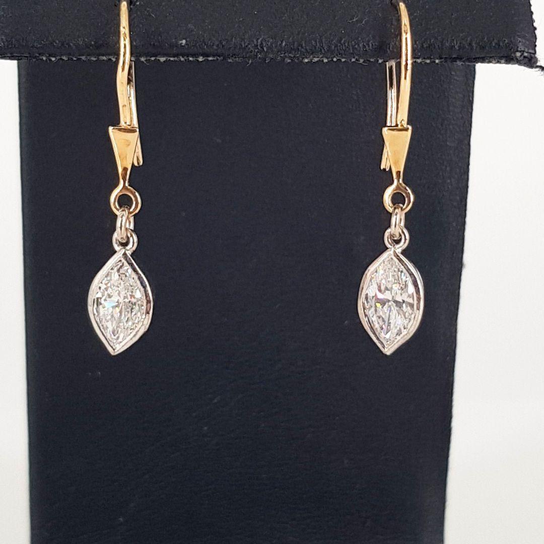 14ct Yellow And White Gold Marquise Diamond Drop Earrings For Sale 1