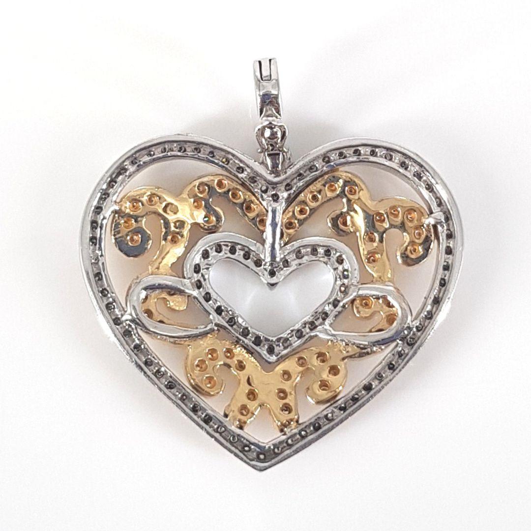 Round Cut 14 Carat Yellow and White Gold Milgrain Heart Pendant For Sale