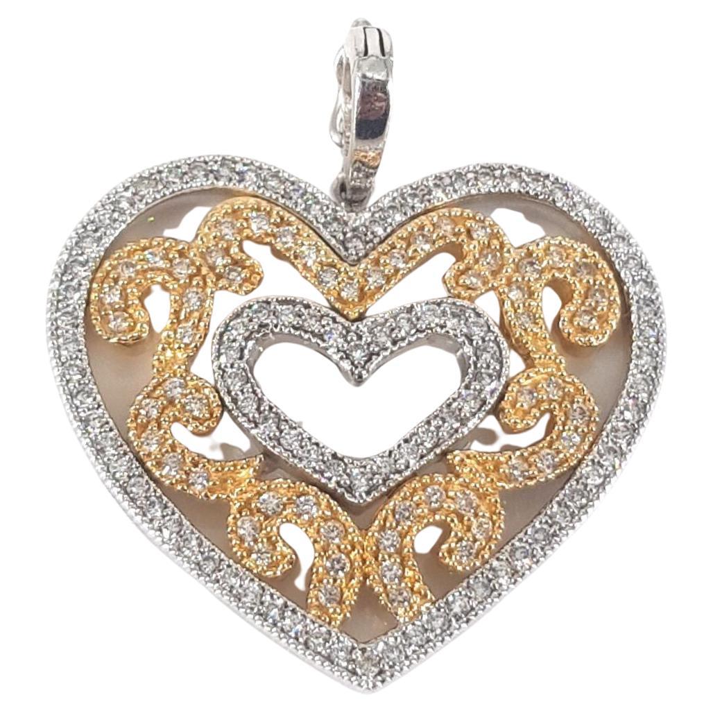 14 Carat Yellow and White Gold Milgrain Heart Pendant For Sale