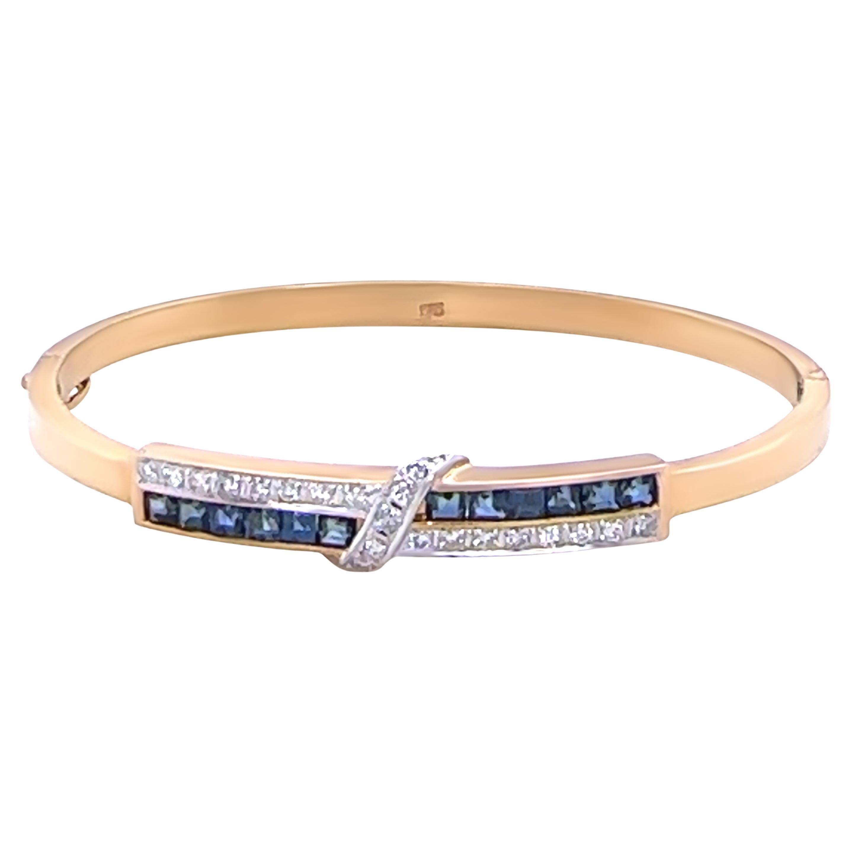 14ct Yellow and White Gold Sapphire and Diamond Hinged Bracelet 0.38ct 16g For Sale