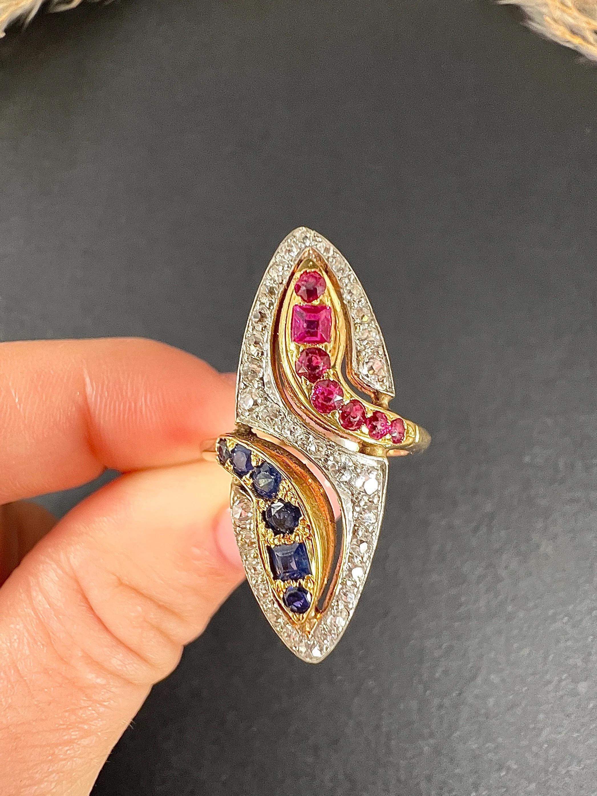 14ct Yellow Gold 1950s Double Headed Ruby Sapphire & Diamond Marquise Snake Ring For Sale 5