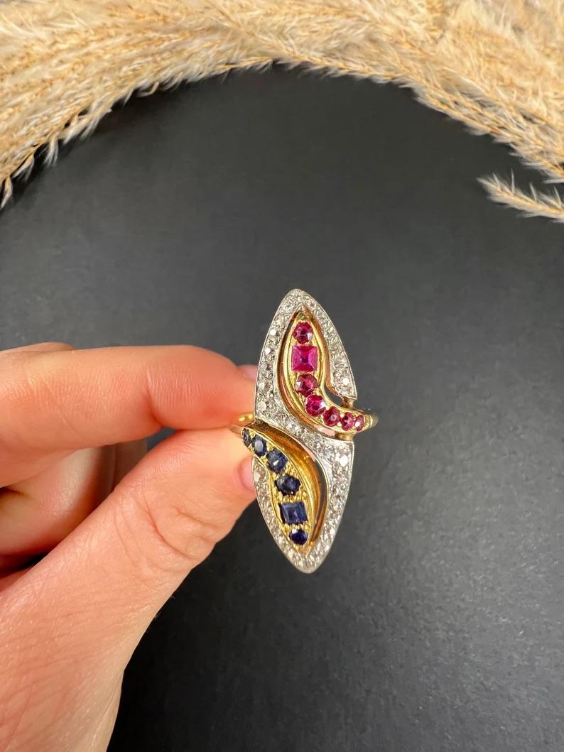 14ct Yellow Gold 1950s Double Headed Ruby Sapphire & Diamond Marquise Snake Ring For Sale 6