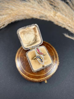 14ct Yellow Gold 1950s Double Headed Ruby Sapphire & Diamond Marquise Snake Ring